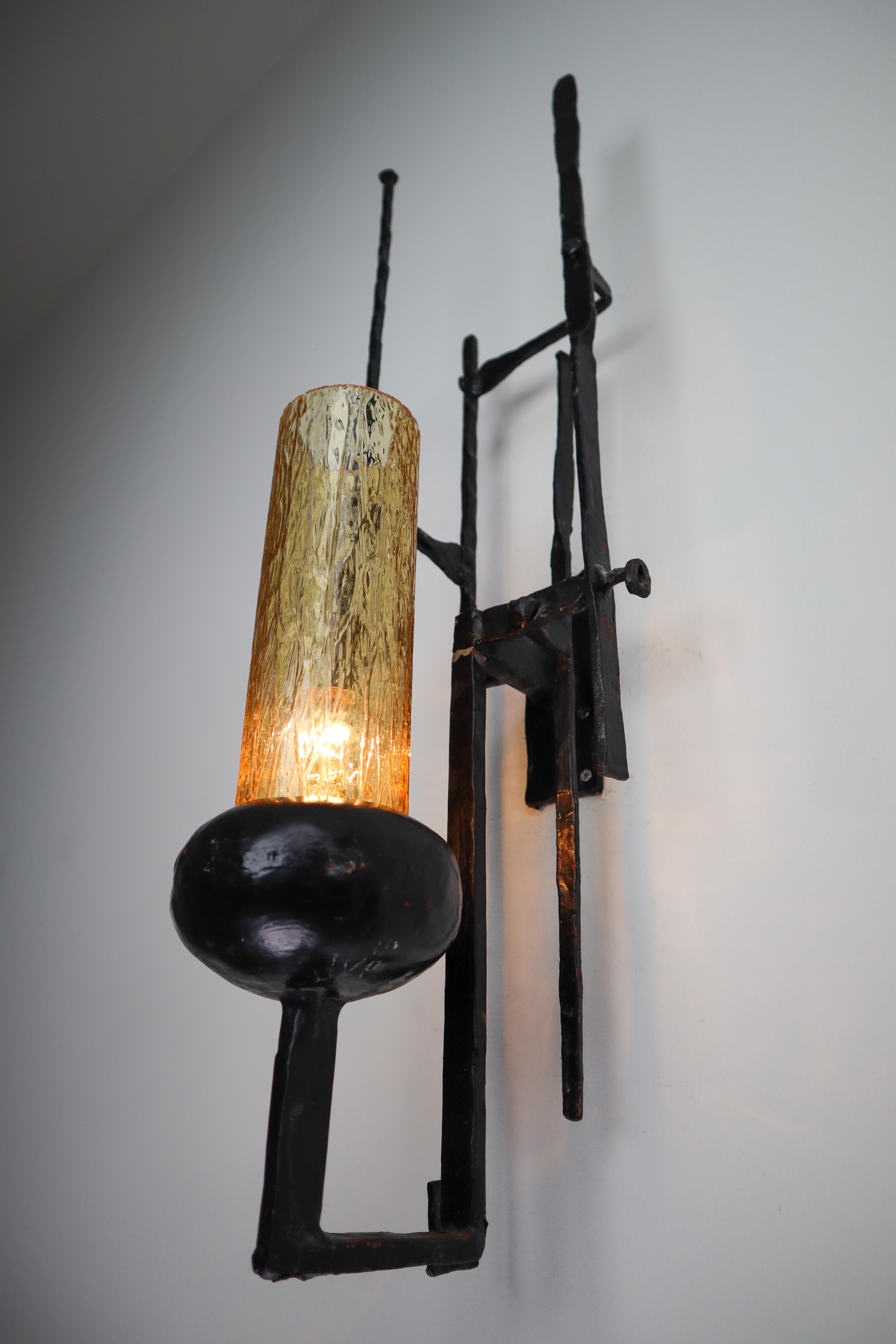 Mid-20th Century Large Set Patinated Iron and Amber Color Glass Brutalist Wall Lights /Sculptures