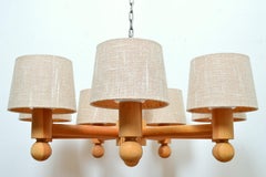 Large Seven Arms Chandelier Solid Pine with Fabric Shades by Luxus Sweden, 1960s