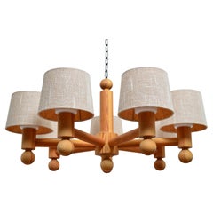 Large Seven Arms Chandelier Solid Pine with Fabric Shades by Luxus Sweden, 1960s