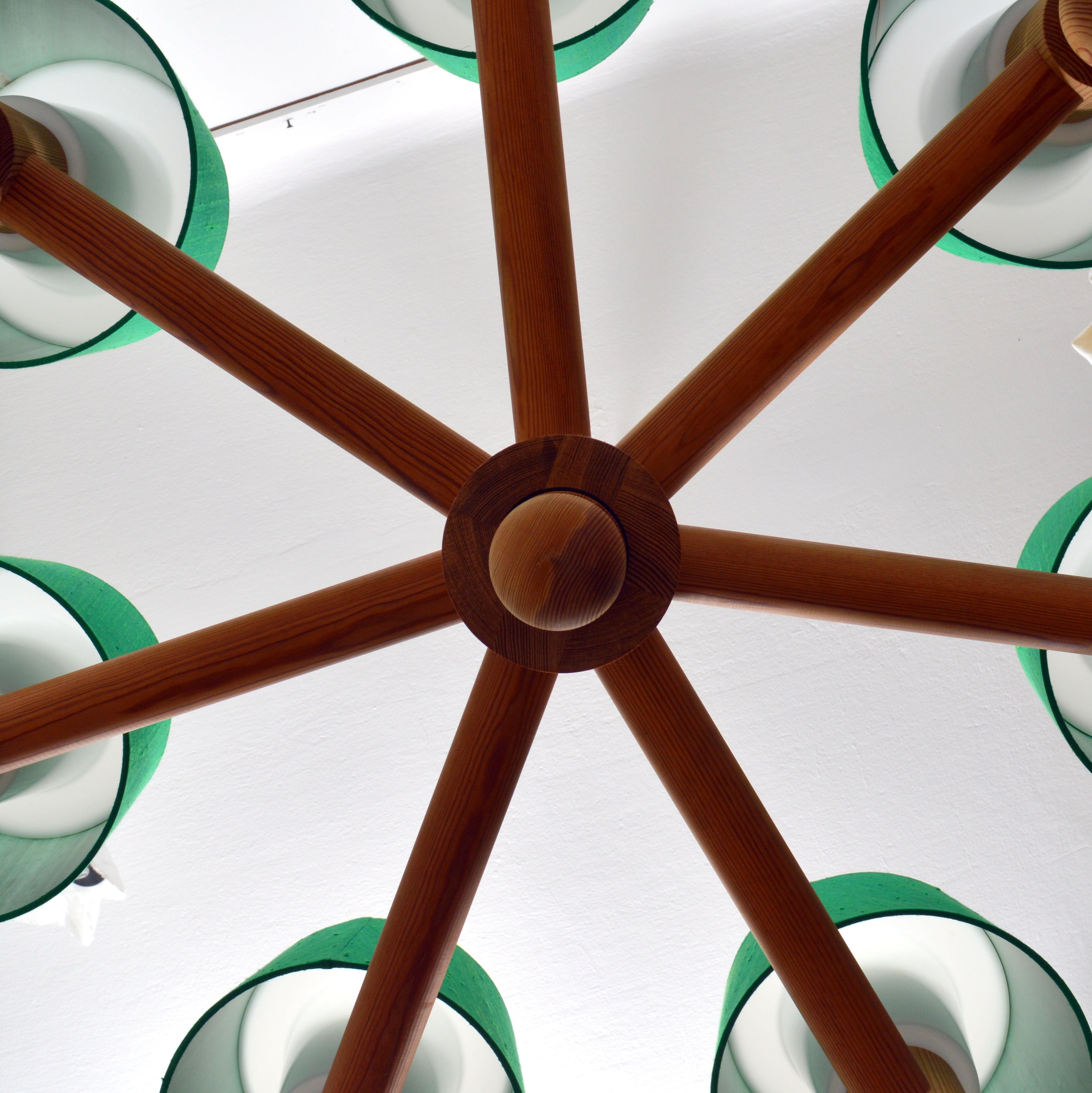 Large Seven Arms Solid Pine Chandelier with Fabric Shades by Luxus Sweden, 1960s For Sale 4
