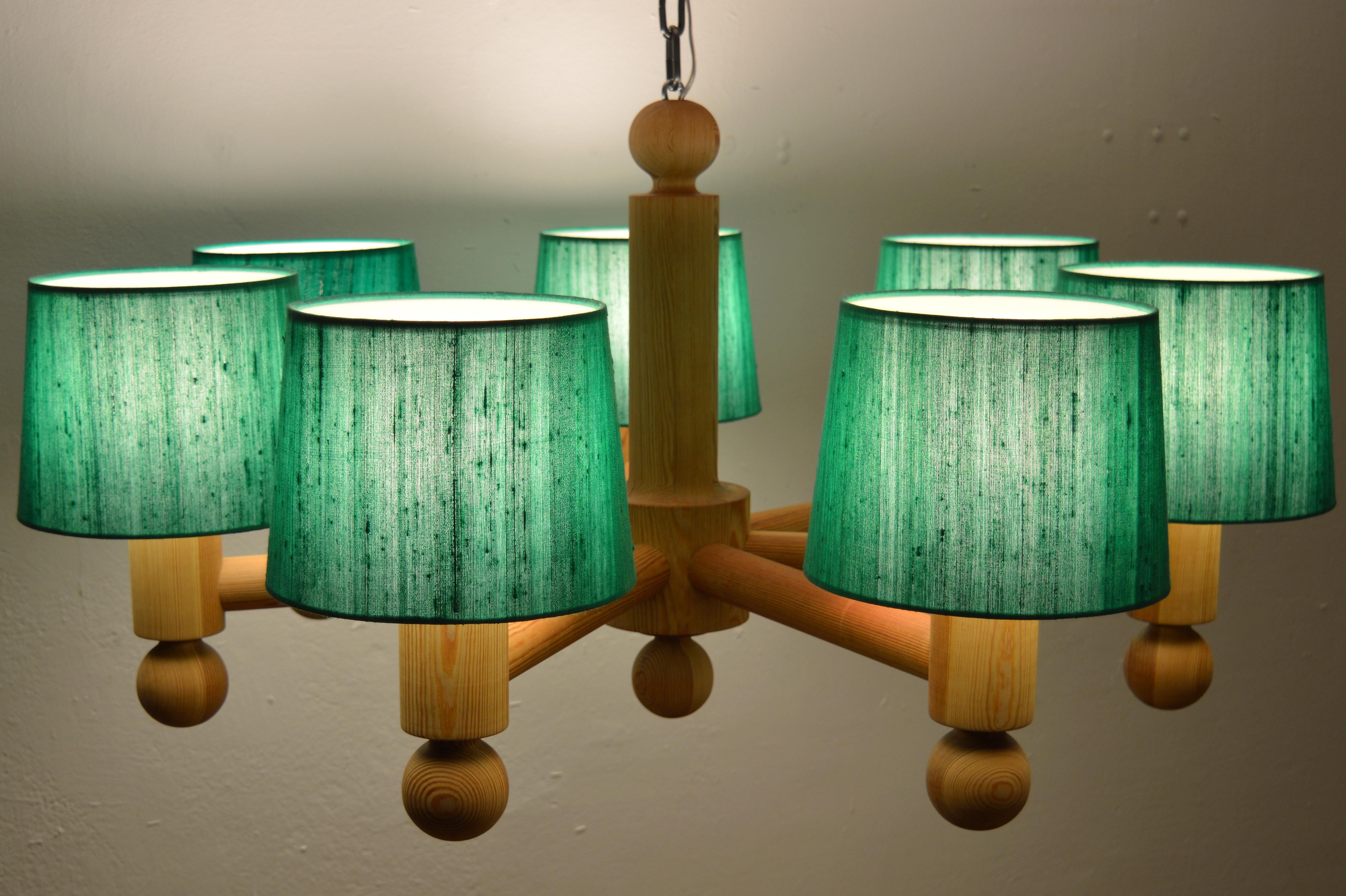 Swedish Large Seven Arms Solid Pine Chandelier with Fabric Shades by Luxus Sweden, 1960s For Sale
