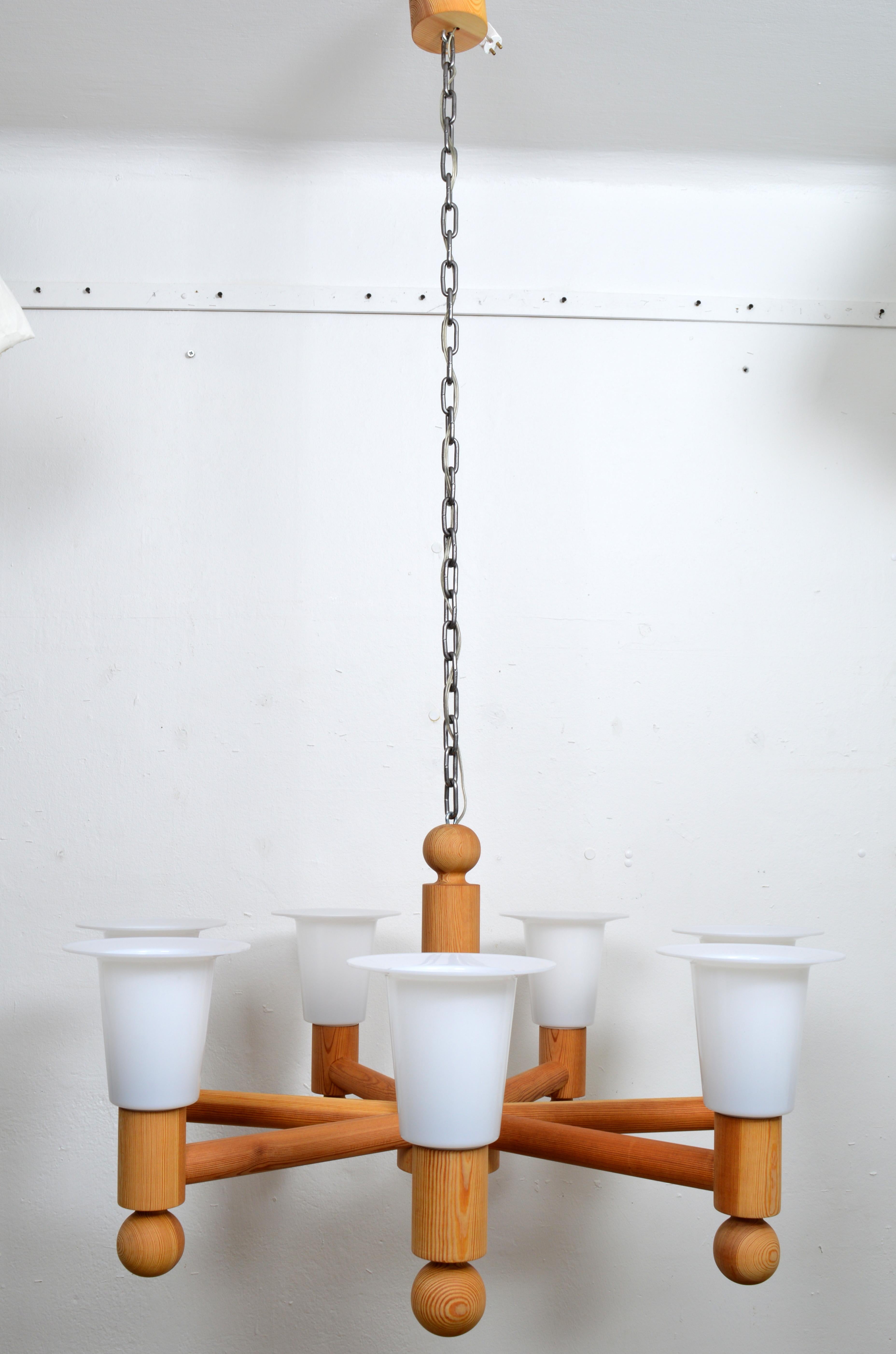 Iron Large Seven Arms Solid Pine Chandelier with Fabric Shades by Luxus Sweden, 1960s For Sale