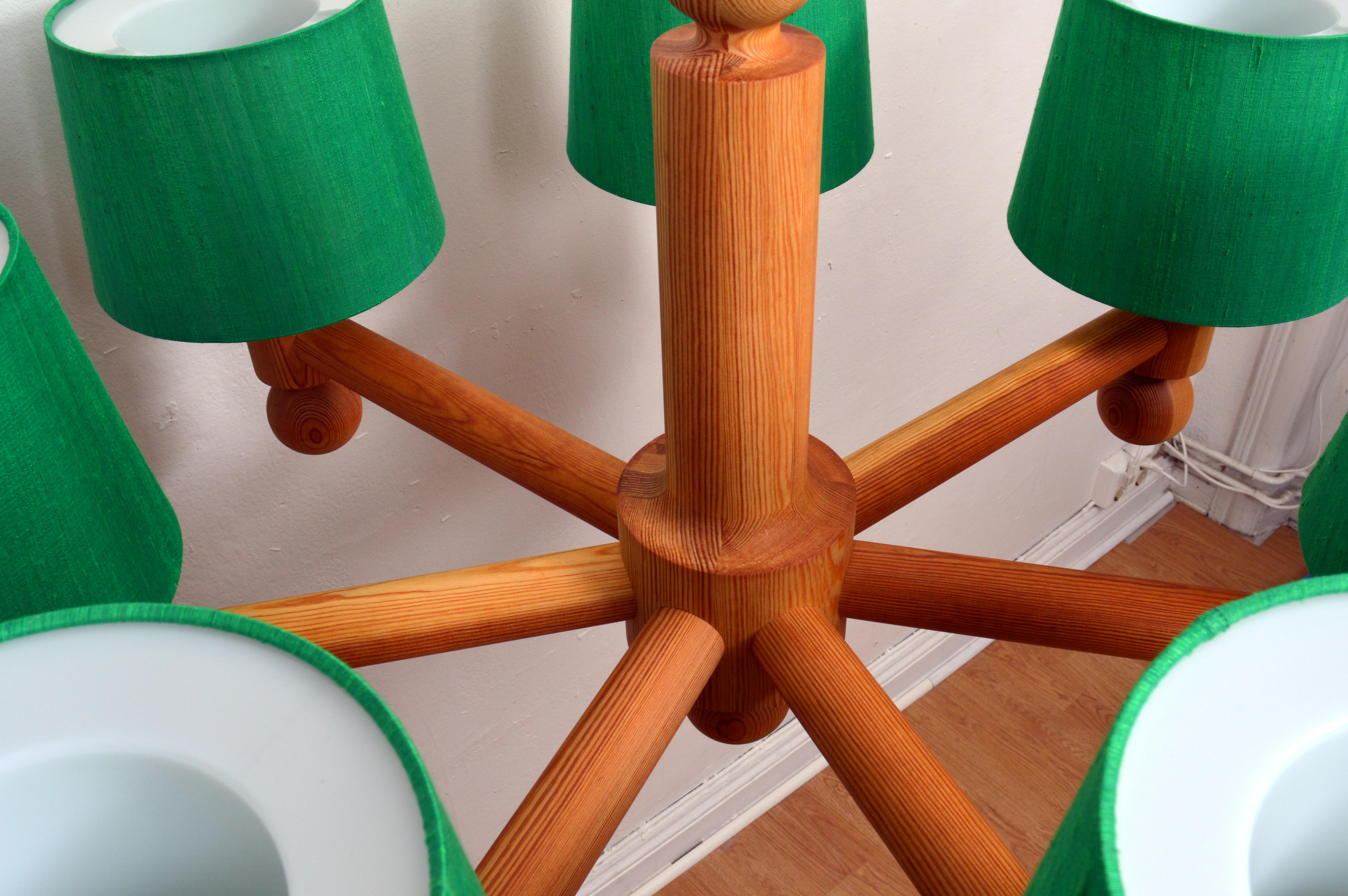 Large Seven Arms Solid Pine Chandelier with Fabric Shades by Luxus Sweden, 1960s For Sale 1