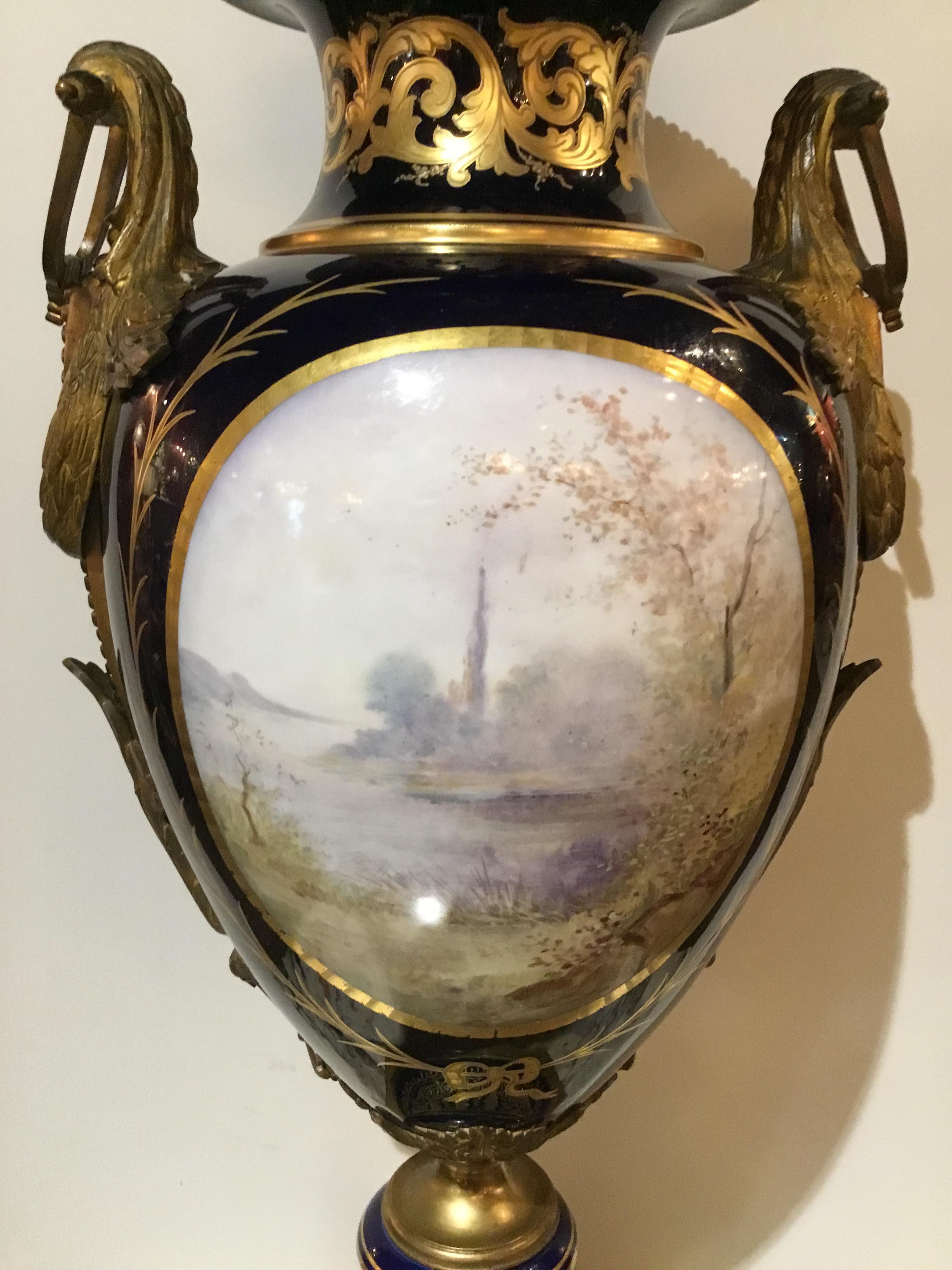 Hand-Painted Large Sevres Cobalt Urn, 19th Century