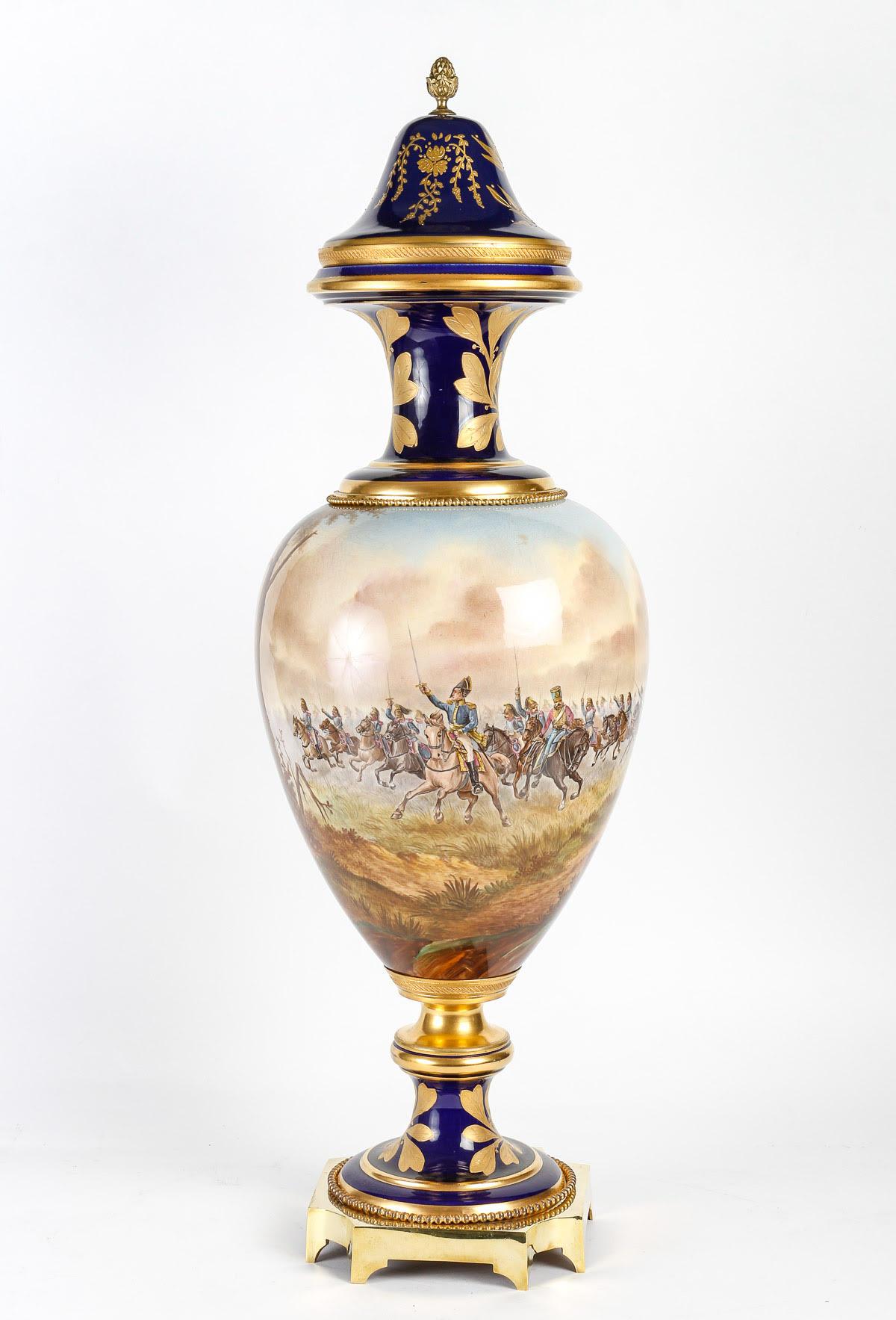 French Large Sèvres Porcelain and Gilt Bronze Vase. For Sale