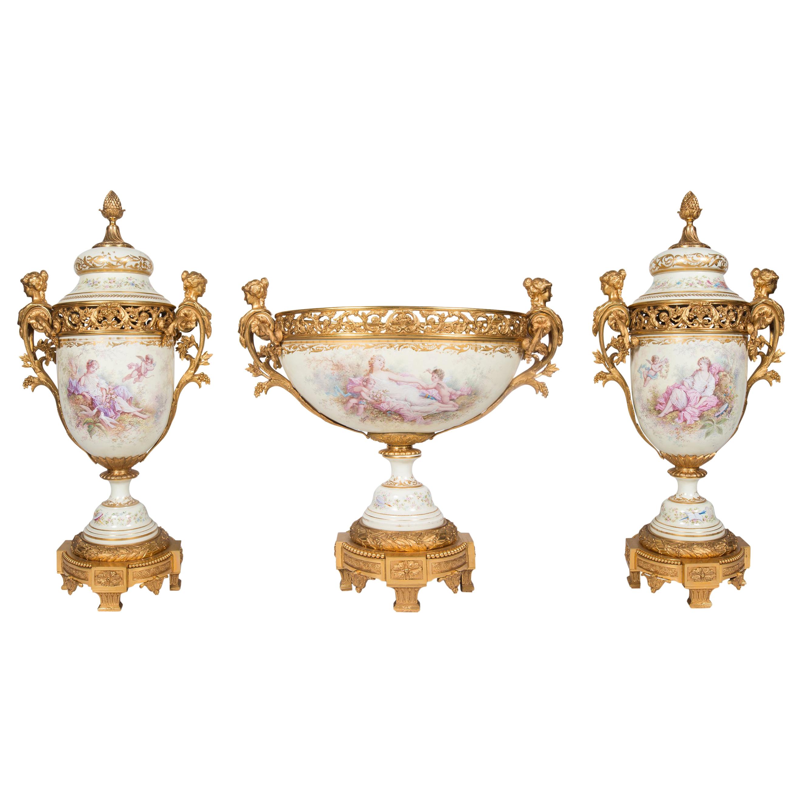 Large Sevres Style Garniture, 19th Century