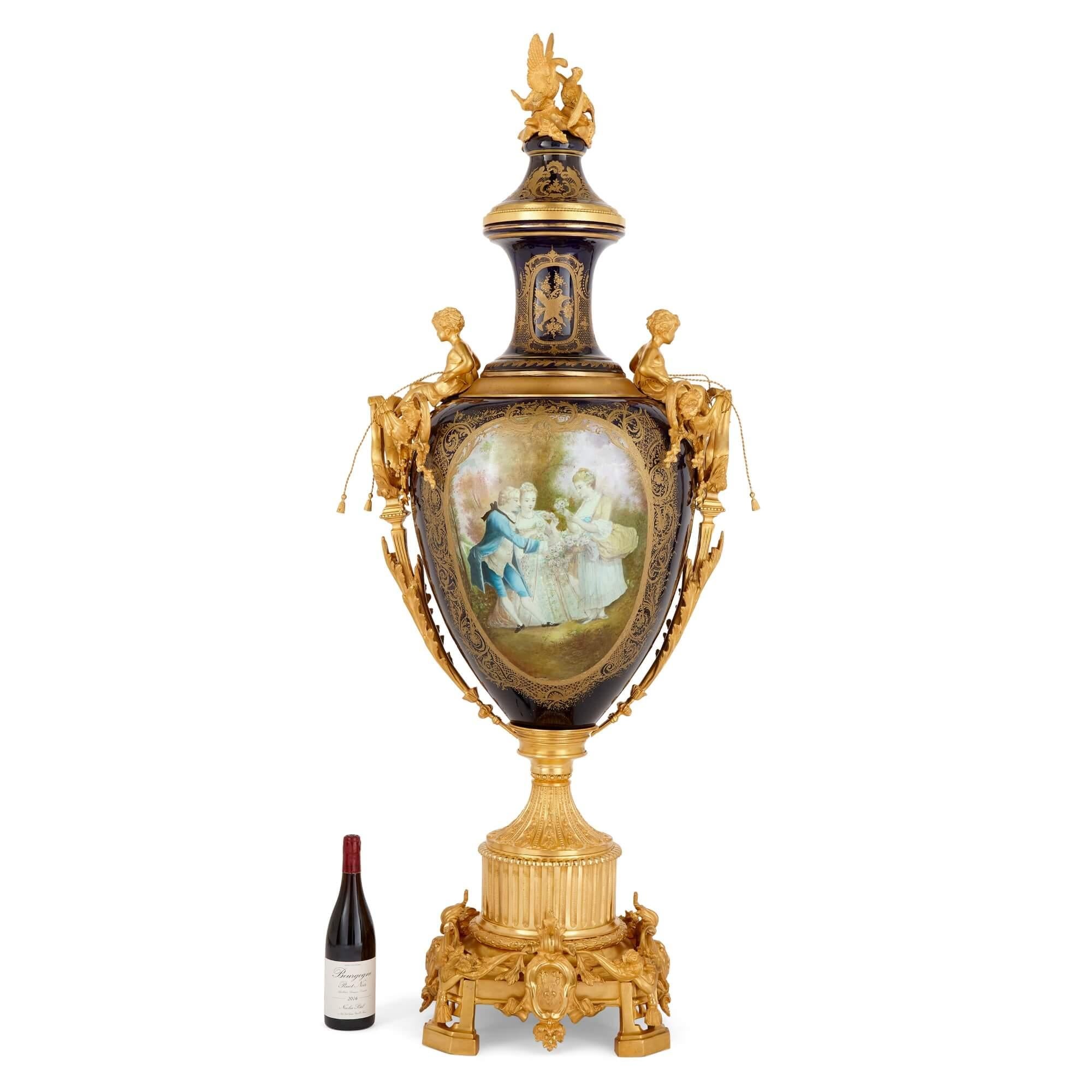 Large Sèvres-style Gilt-Bronze Mounted Porcelain Vase with Pedestal For Sale 4