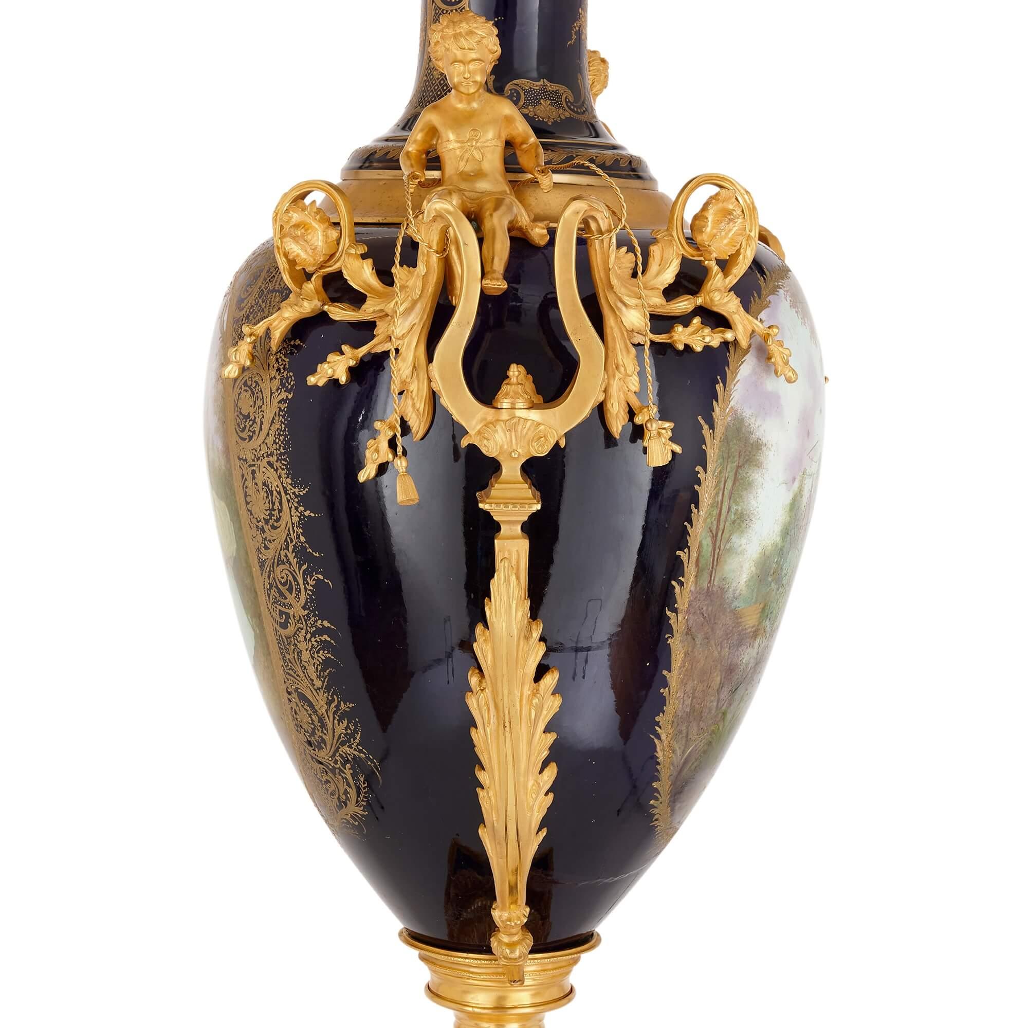 20th Century Large Sèvres-style Gilt-Bronze Mounted Porcelain Vase with Pedestal For Sale