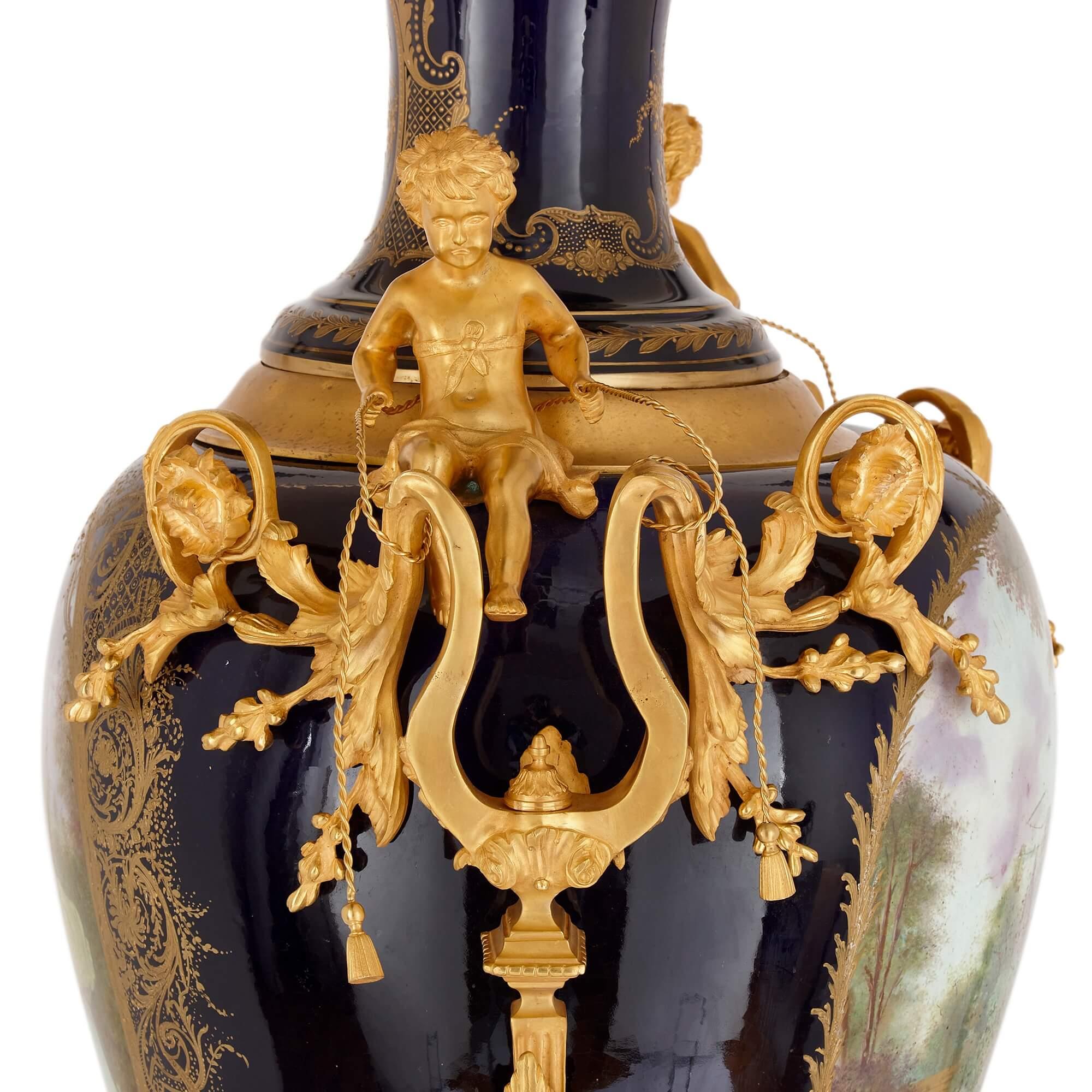 Lapis Lazuli Large Sèvres-style Gilt-Bronze Mounted Porcelain Vase with Pedestal For Sale