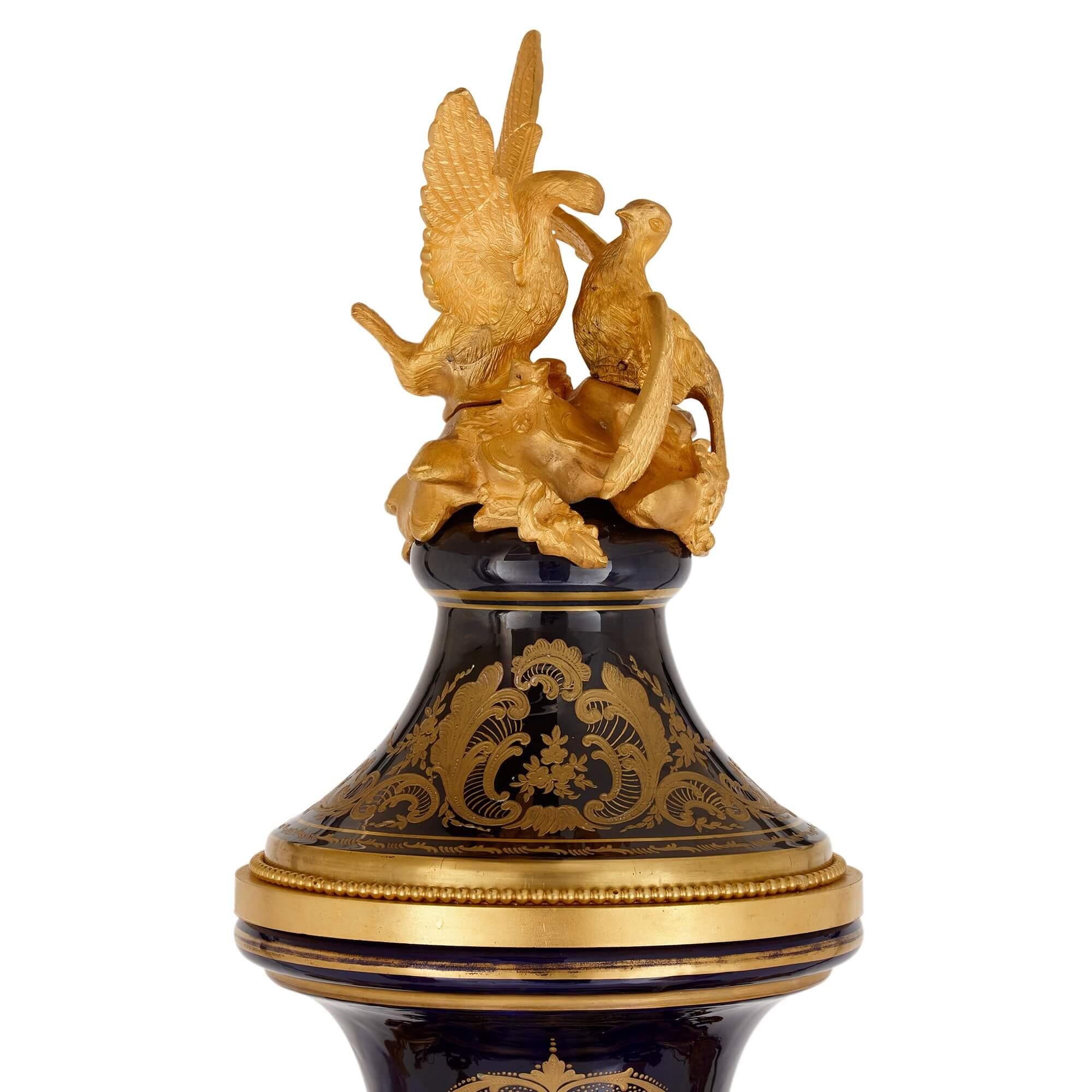 Large Sèvres-style Gilt-Bronze Mounted Porcelain Vase with Pedestal For Sale 1