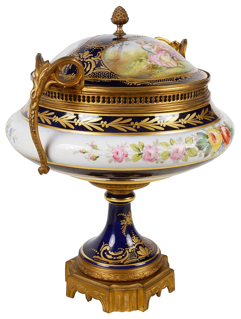 Hand-Painted Large Sevres Style Lidded Comport, circa 1890 For Sale