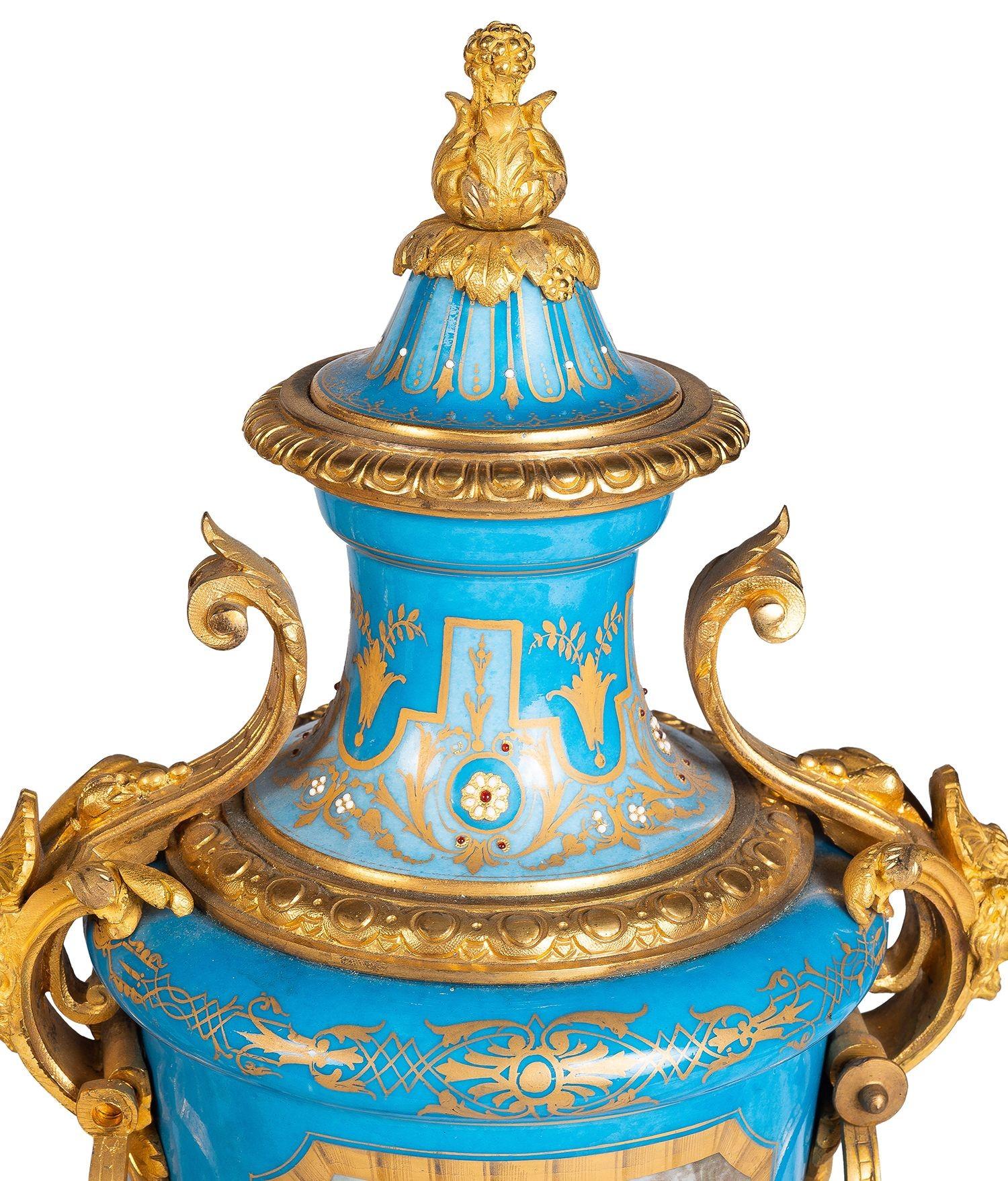 Large Sevres style porcelain clock set, 19th Century. For Sale 3