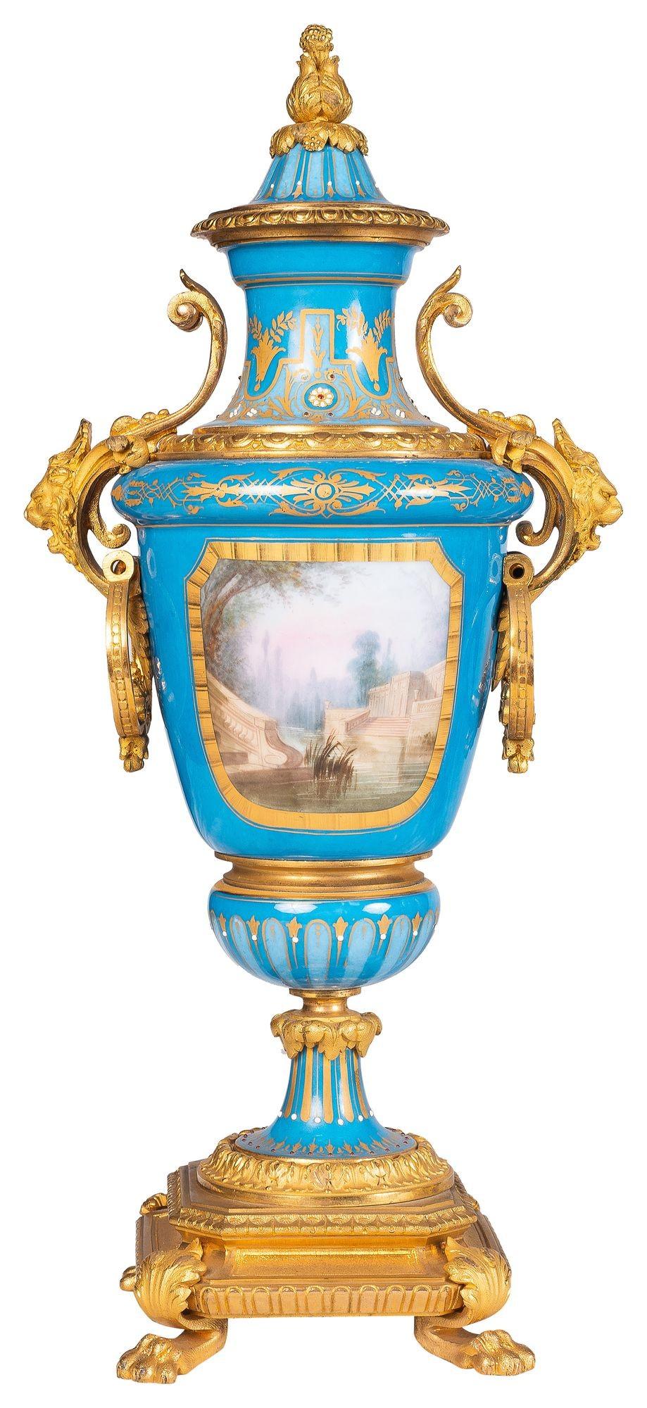 Large Sevres style porcelain clock set, 19th Century. For Sale 6