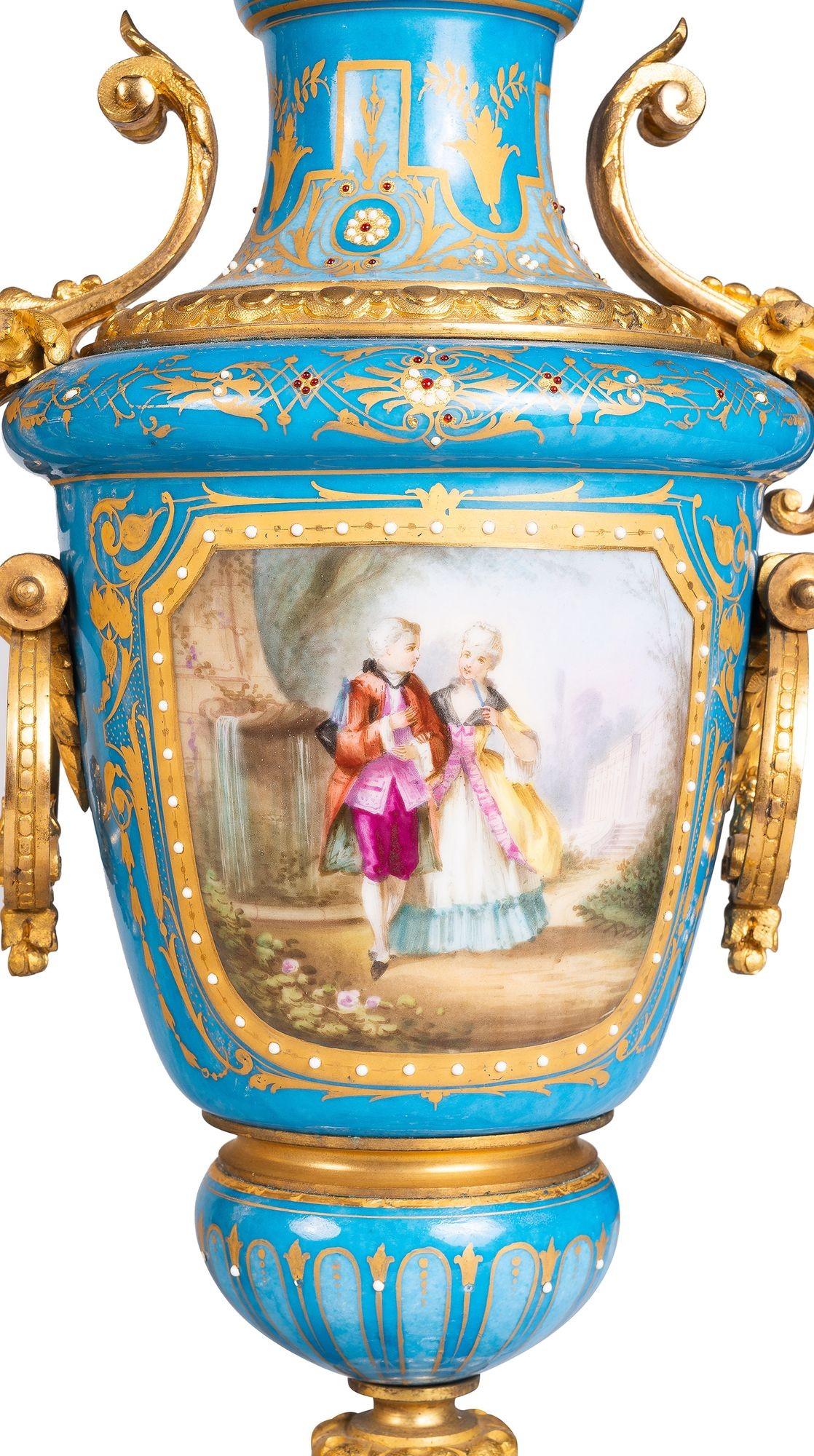 Large Sevres style porcelain clock set, 19th Century. For Sale 7