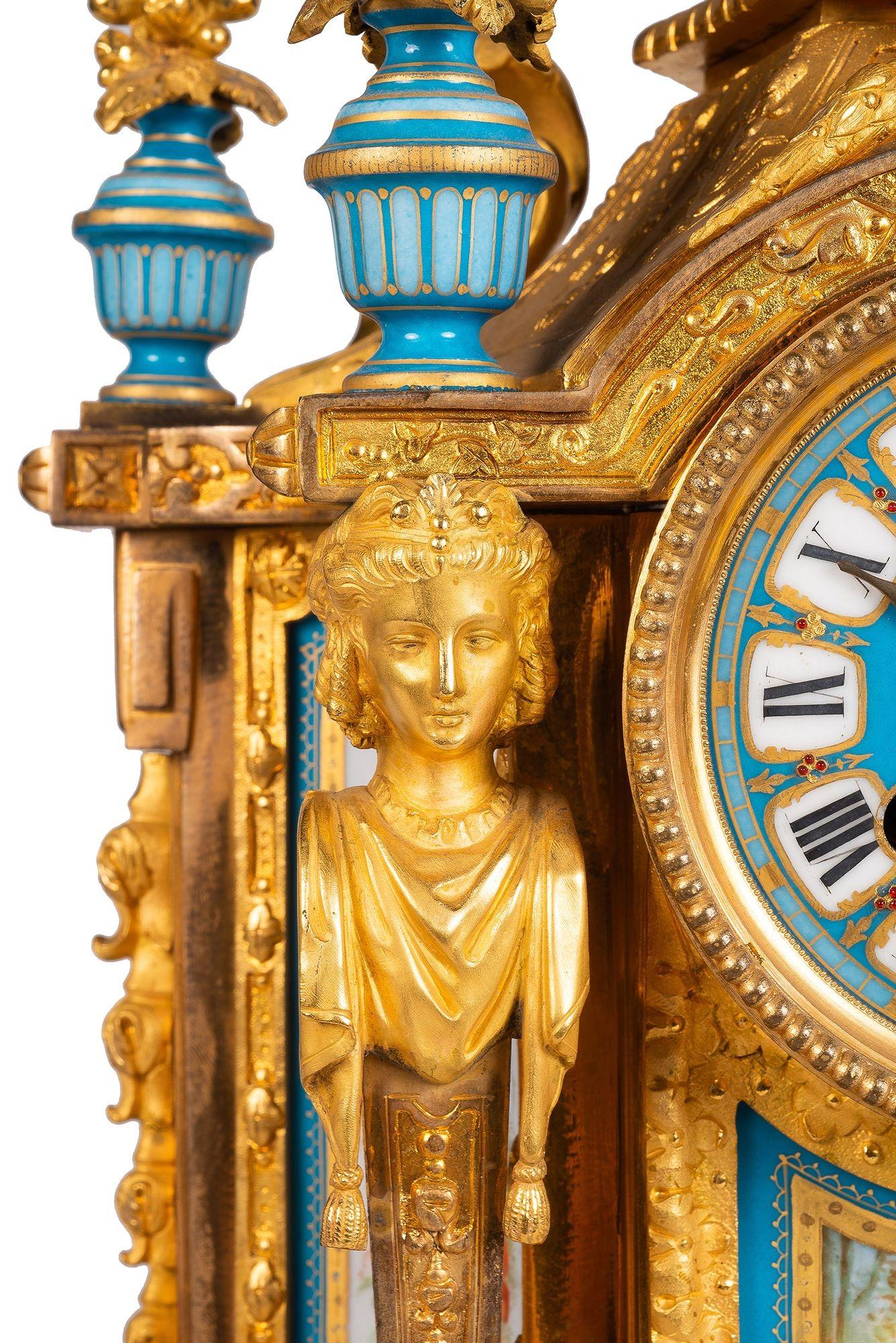 Hand-Painted Large Sevres style porcelain clock set, 19th Century. For Sale