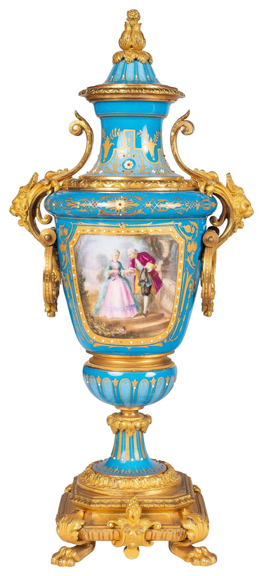 Porcelain Large Sevres style porcelain clock set, 19th Century. For Sale