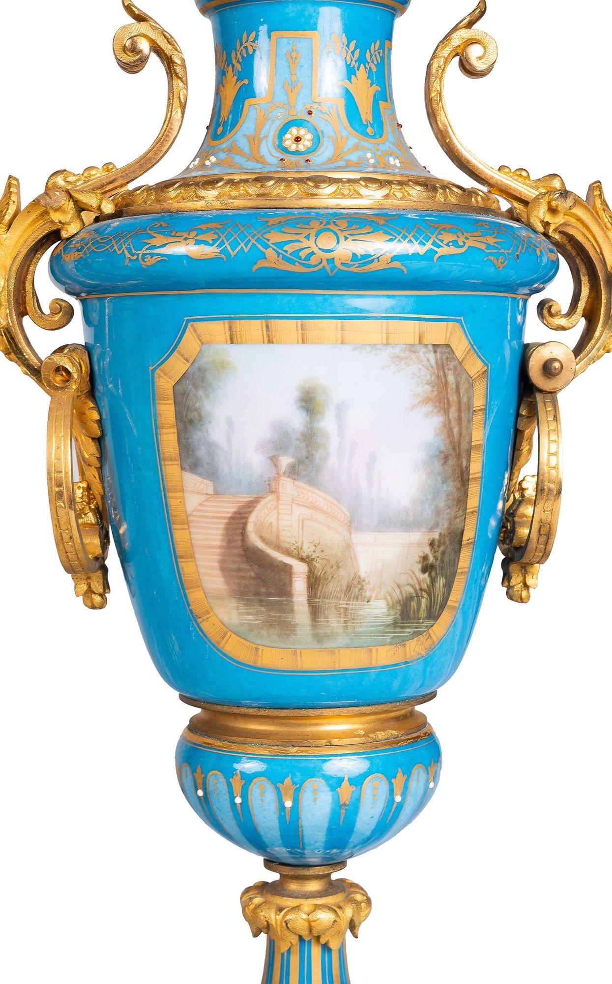 Large Sevres style porcelain clock set, 19th Century. For Sale 2