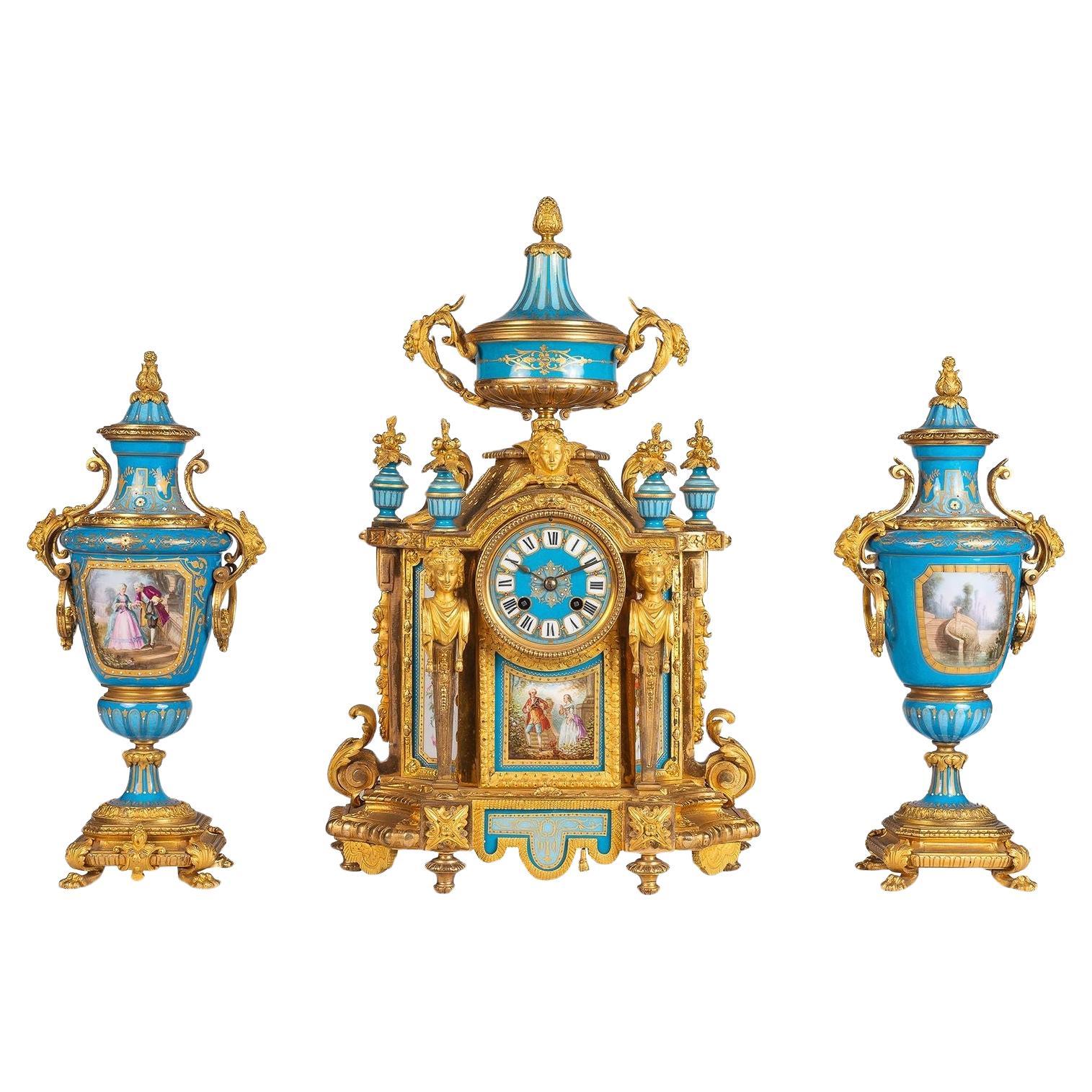 Large Sevres style porcelain clock set, 19th Century. For Sale