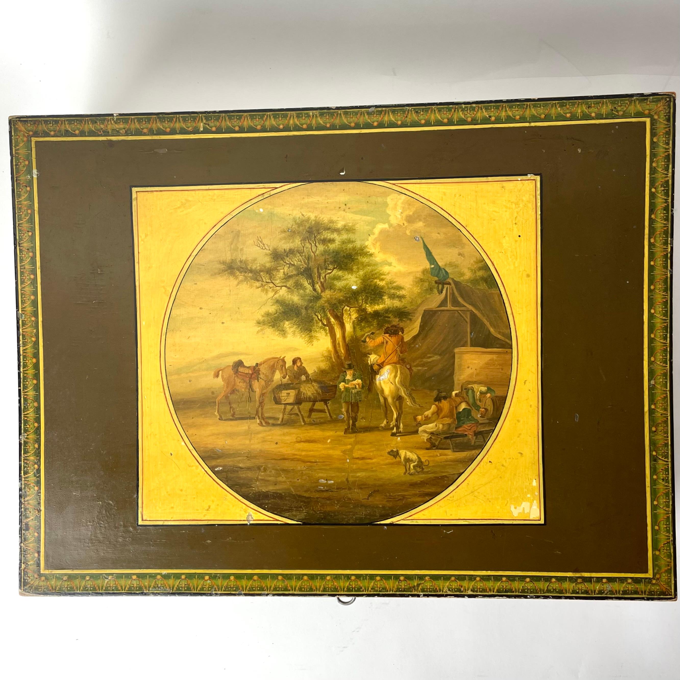 Empire Grande boîte à couture en laque avec scènes pastorales, début du 19ème siècle en vente