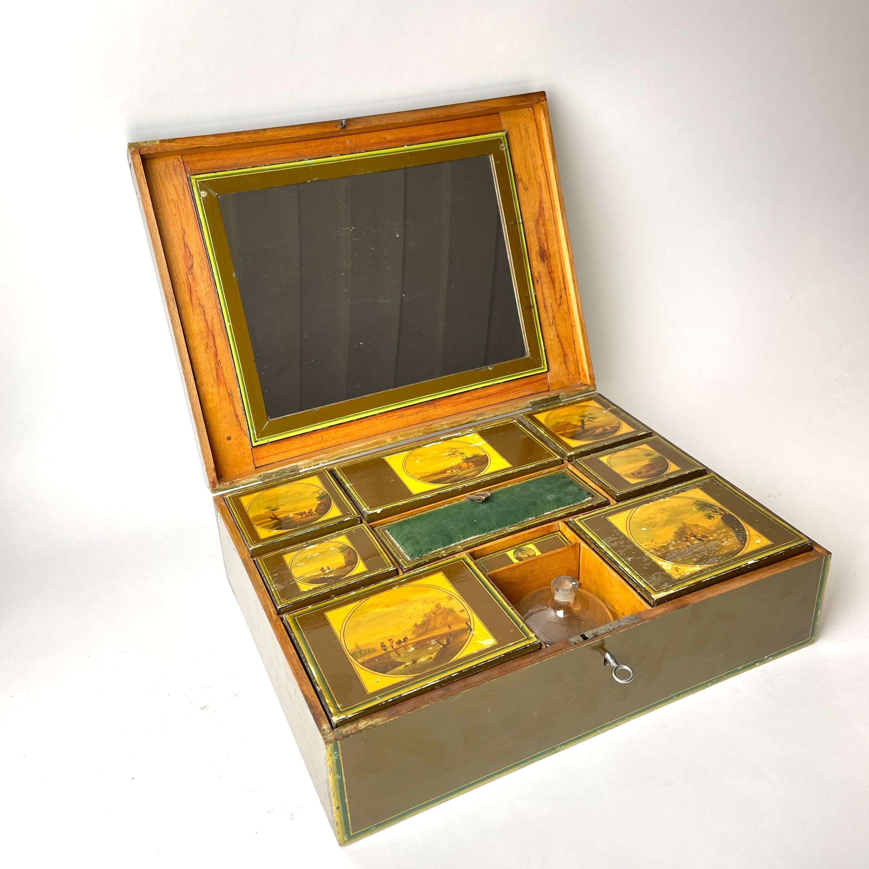 European Large Sewing Box Lacquer Work with Pastoral Scenes, Early 19th Century For Sale