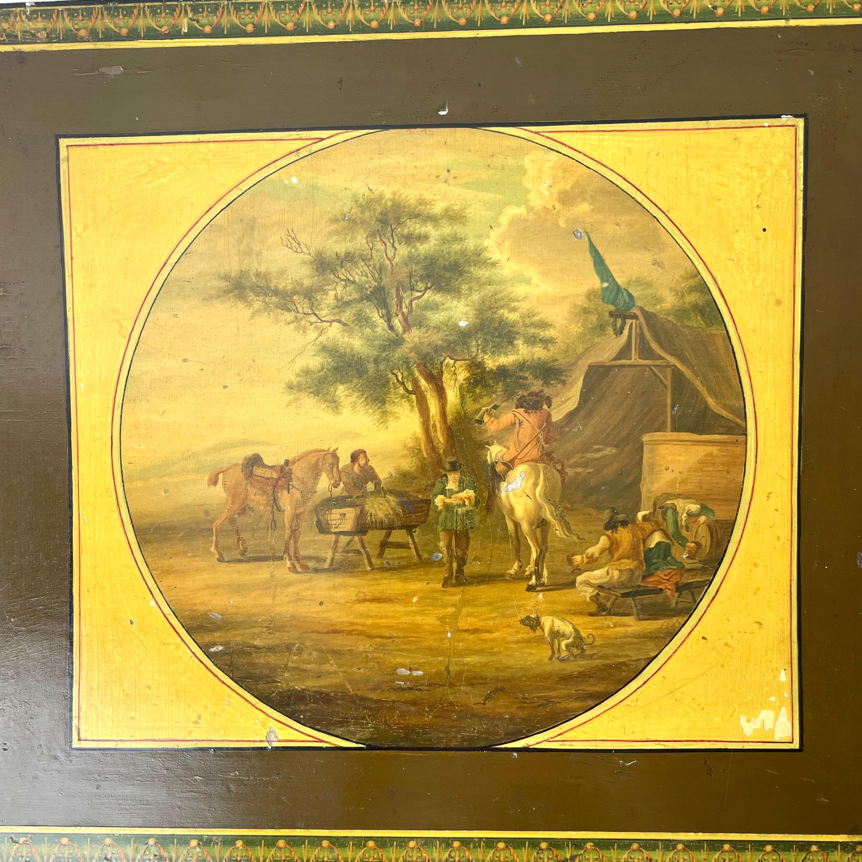 XIXe siècle Grande boîte à couture en laque avec scènes pastorales, début du 19ème siècle en vente