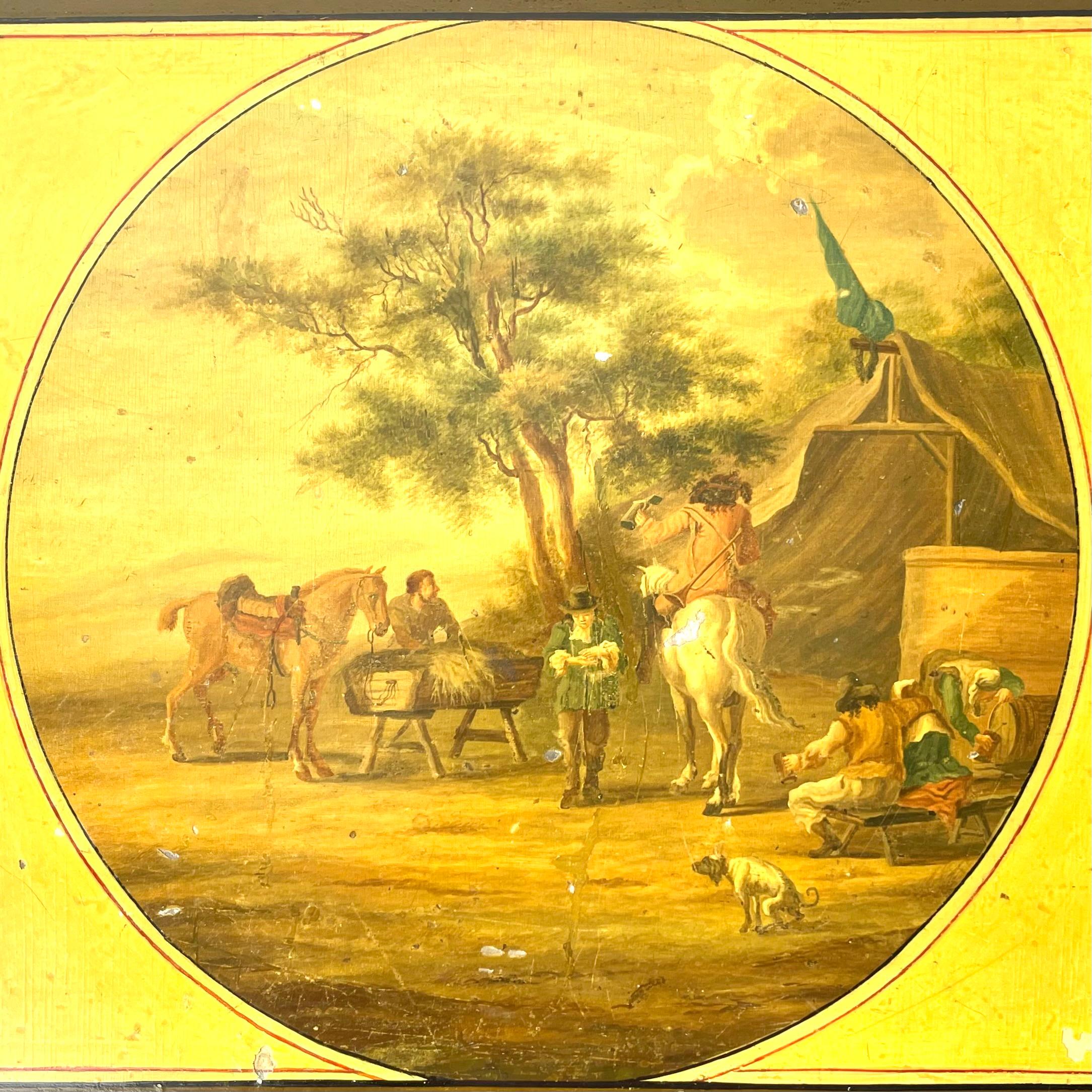 Laque Grande boîte à couture en laque avec scènes pastorales, début du 19ème siècle en vente