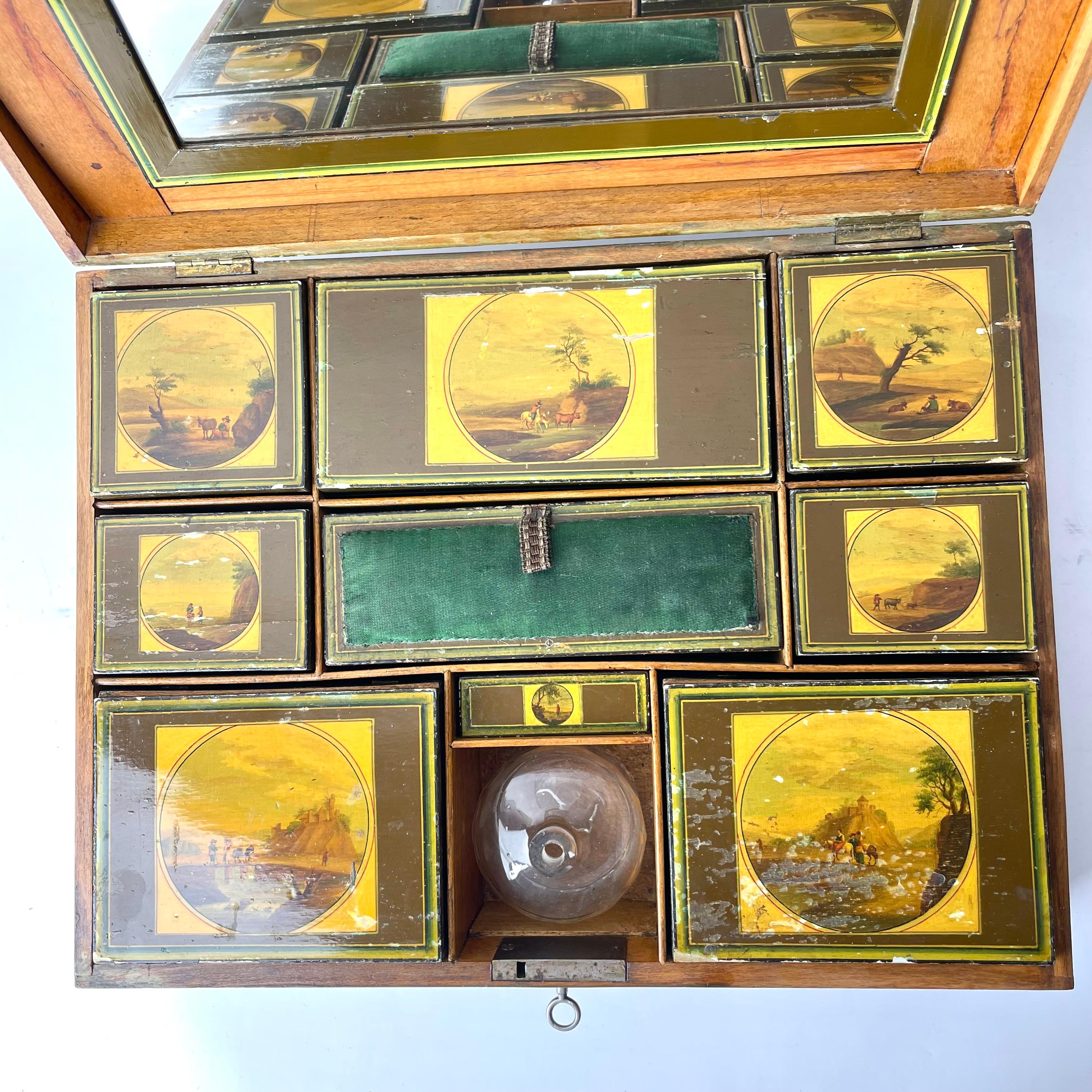 Large Sewing Box Lacquer Work with Pastoral Scenes, Early 19th Century For Sale 3