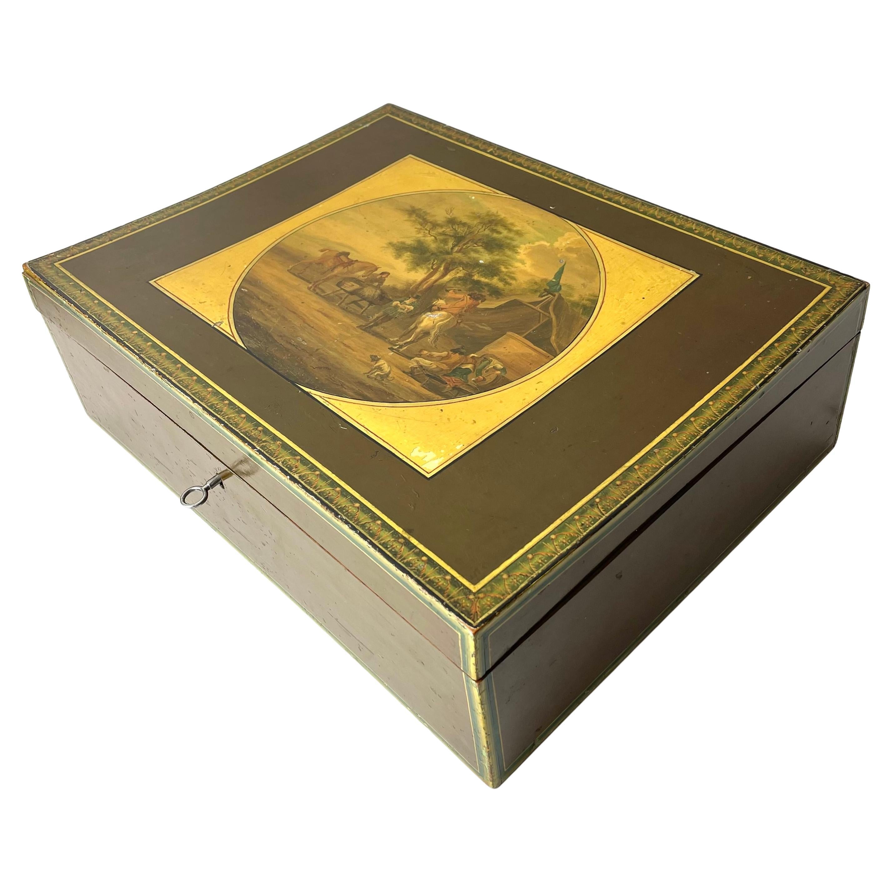 Large Sewing Box Lacquer Work with Pastoral Scenes, Early 19th Century For Sale