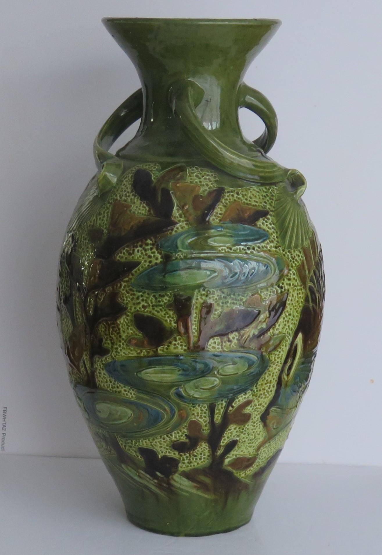 Edwardian Large Sgraffito Fish Vase pottery by W L Baron of Barnstaple Devon, Circa 1909 For Sale