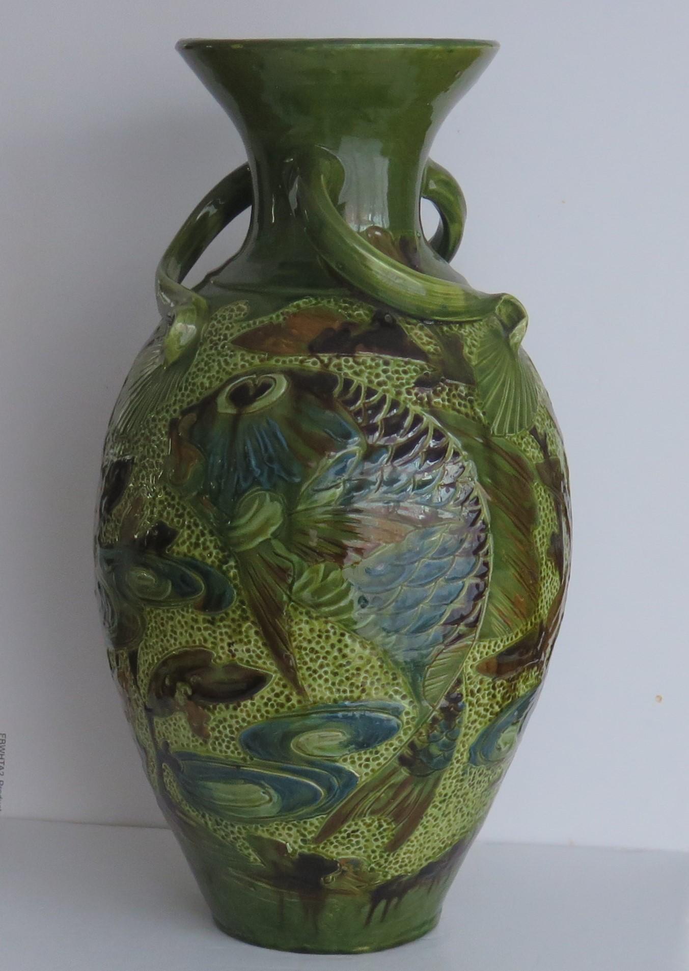 English Large Sgraffito Fish Vase pottery by W L Baron of Barnstaple Devon, Circa 1909 For Sale
