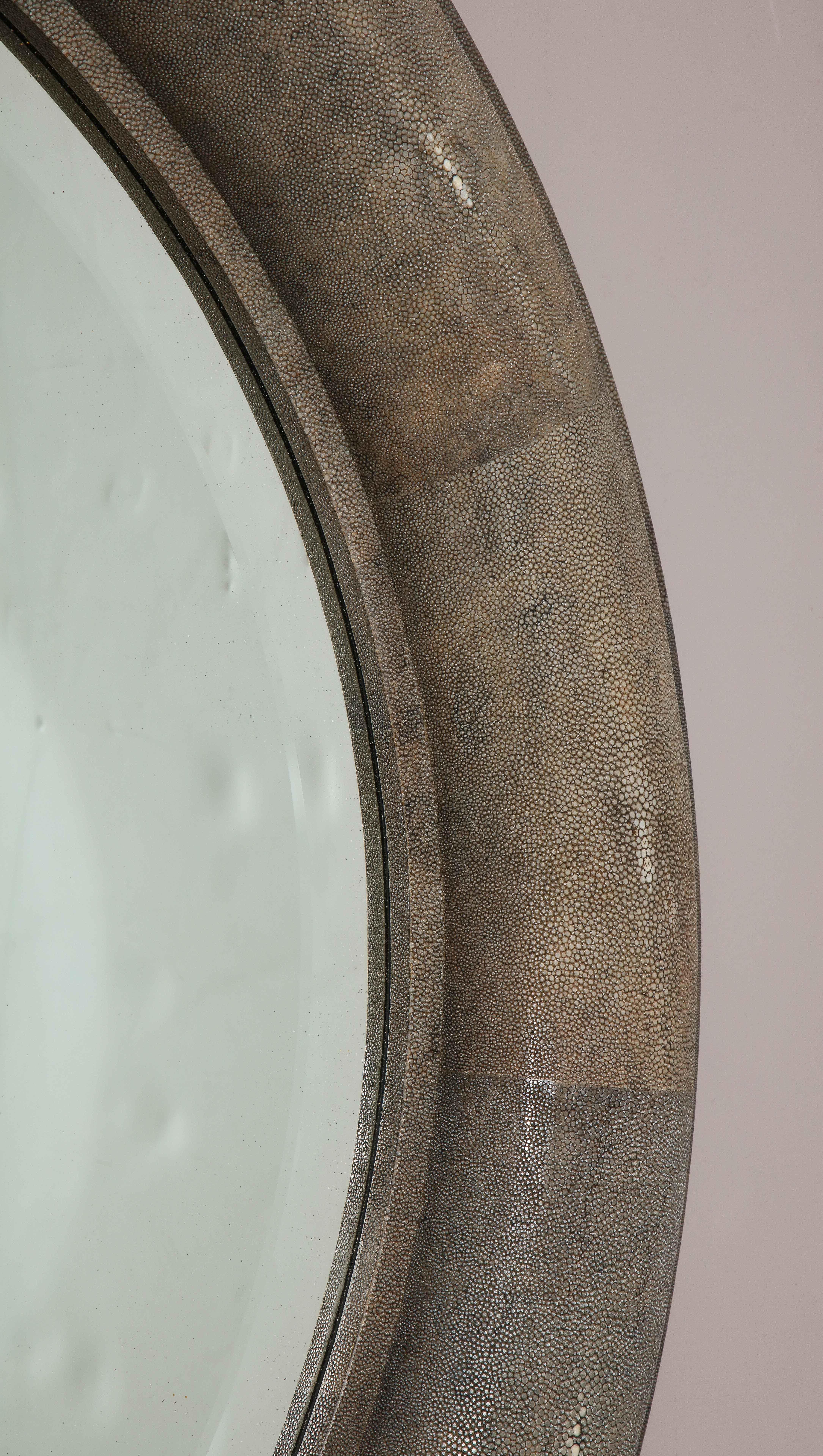 American Large Shagreen Beveled Circular Mirror by Karl Springer