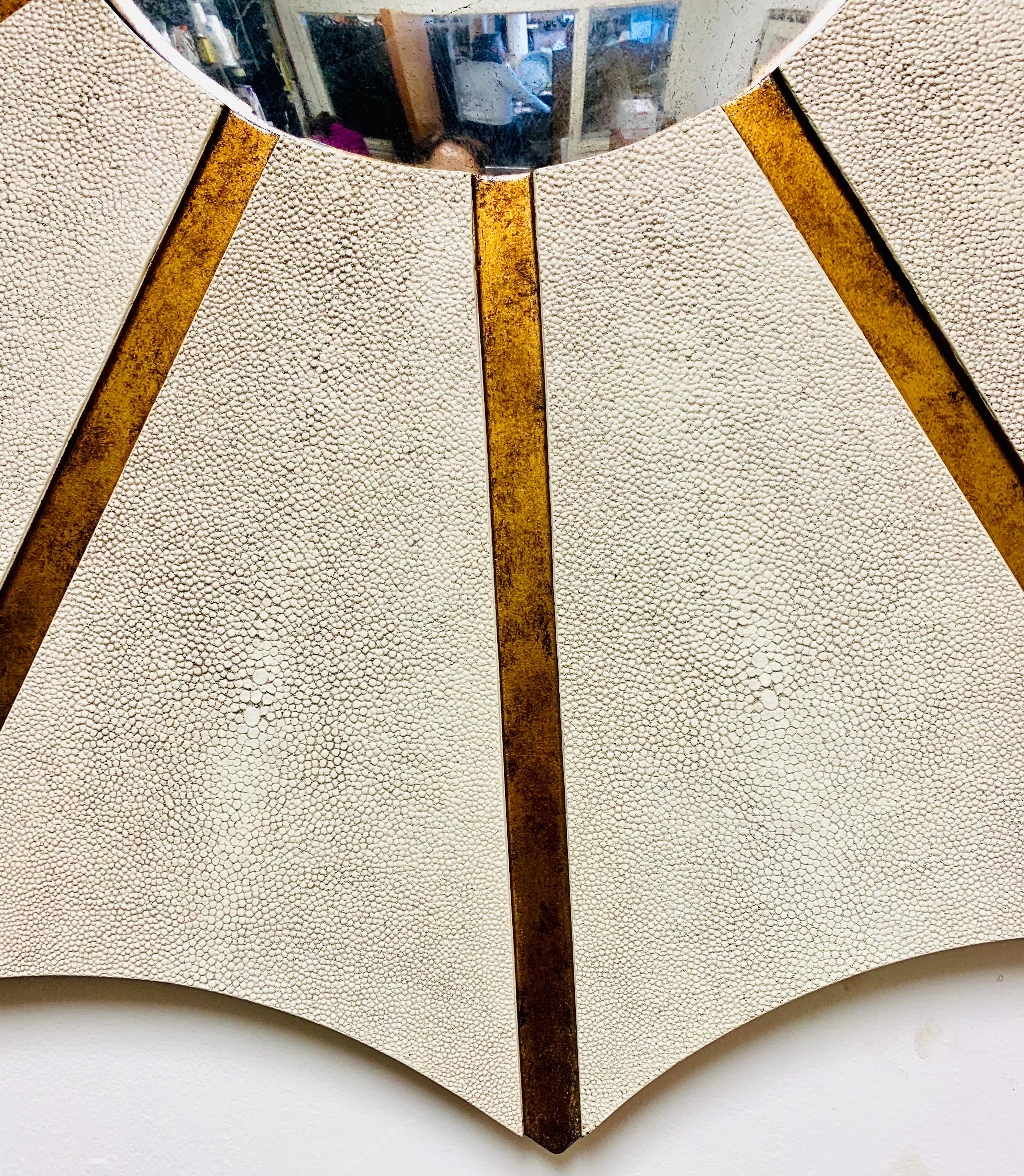 Hollywood Regency Large Shagreen Leather Round Startburst Convex Mirror