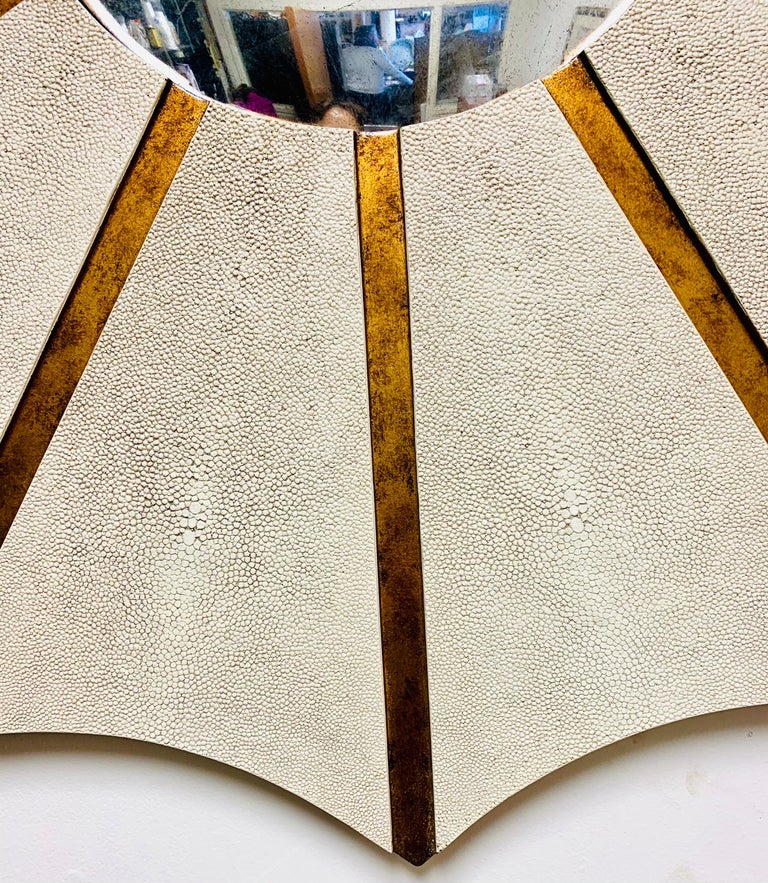 Hollywood Regency Large Shagreen Leather Round Startburst Convex Mirror For Sale