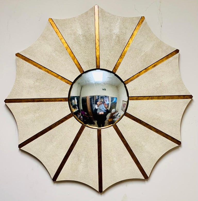Large Shagreen Leather Round Startburst Convex Mirror For Sale 1