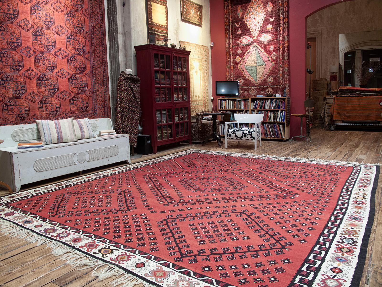 A large kilim from the Balkan peninsula in Southeastern Europe. This is a very high quality example featuring one of the best-known designs of this type. In remarkable state of preservation.