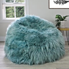 Large Sheepskin Bean Bag Chair, Aqua Shaggy Fur Long Wool Made in Australia
