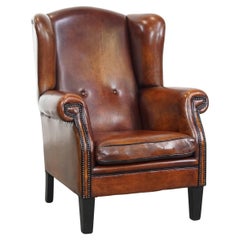 Large Sheepskin Leather Wingback Chair with Black Piping