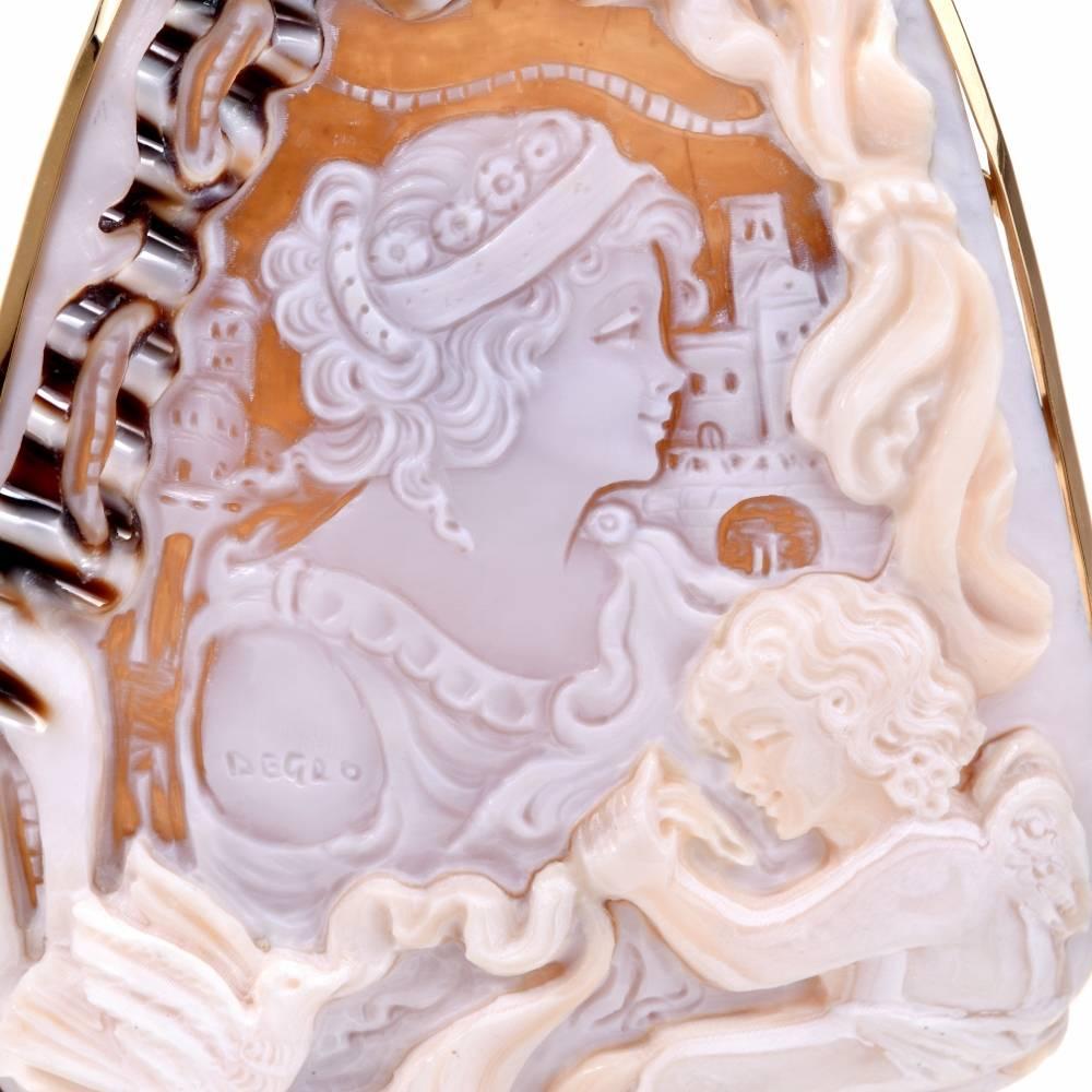 This meticulously hand-made cameo brooch and pendant in antique style incorporates an asymmetric 4-dimensional plaque, exposing artfully carved relief silhouette of a Roman woman with floral head ornament at the center,  signed 'Degro' engraved on