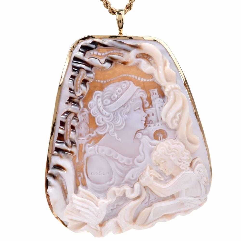Large Shell Cameo Portrait Mother and Child 18 Karat Gold Brooch Pendant