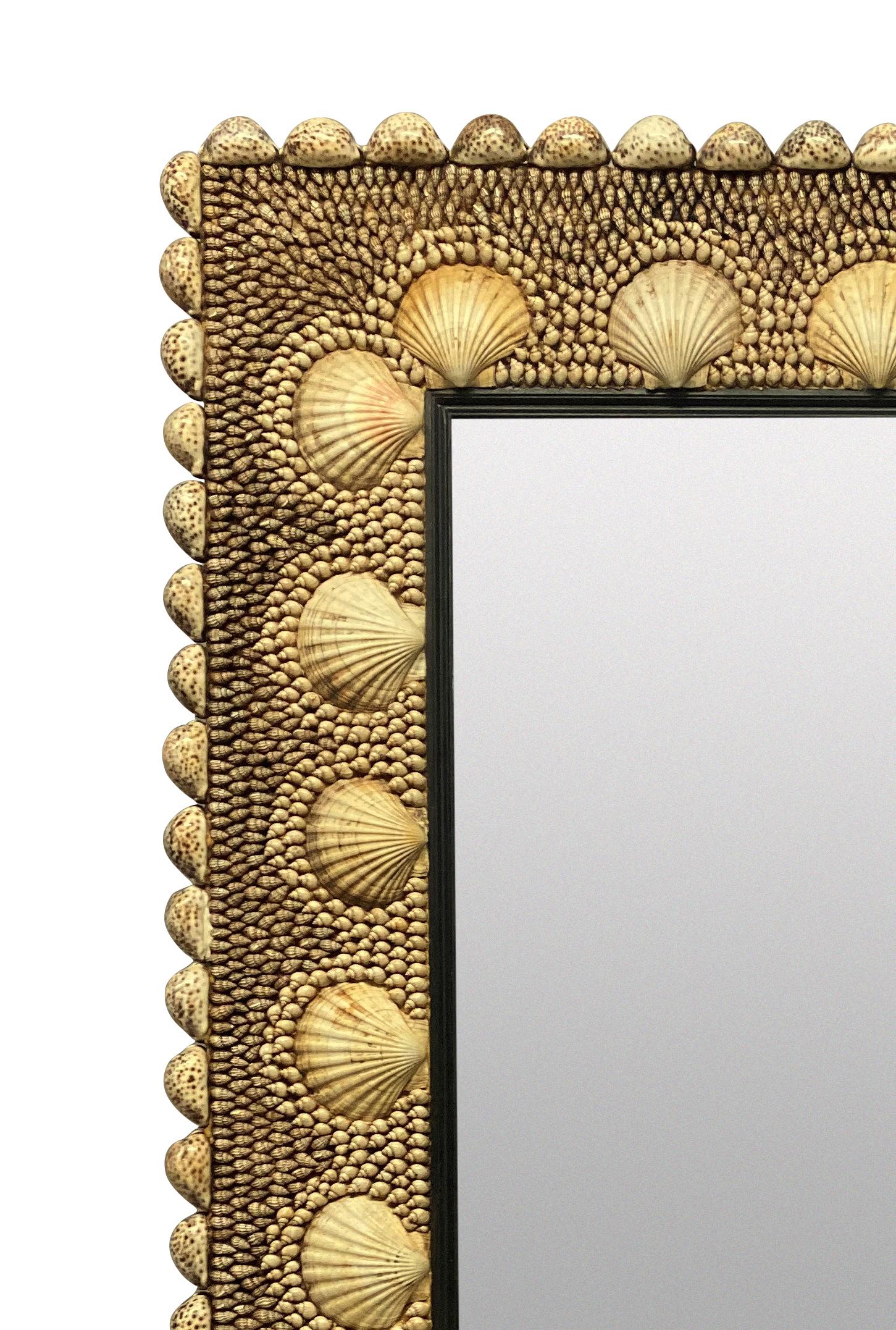 A large English shell encrusted mirror by Anthony Redmile. With a black moulded slip and a border of tiger cowrie, baby cowrie and scallop shells. Can sit portrait or landscape.