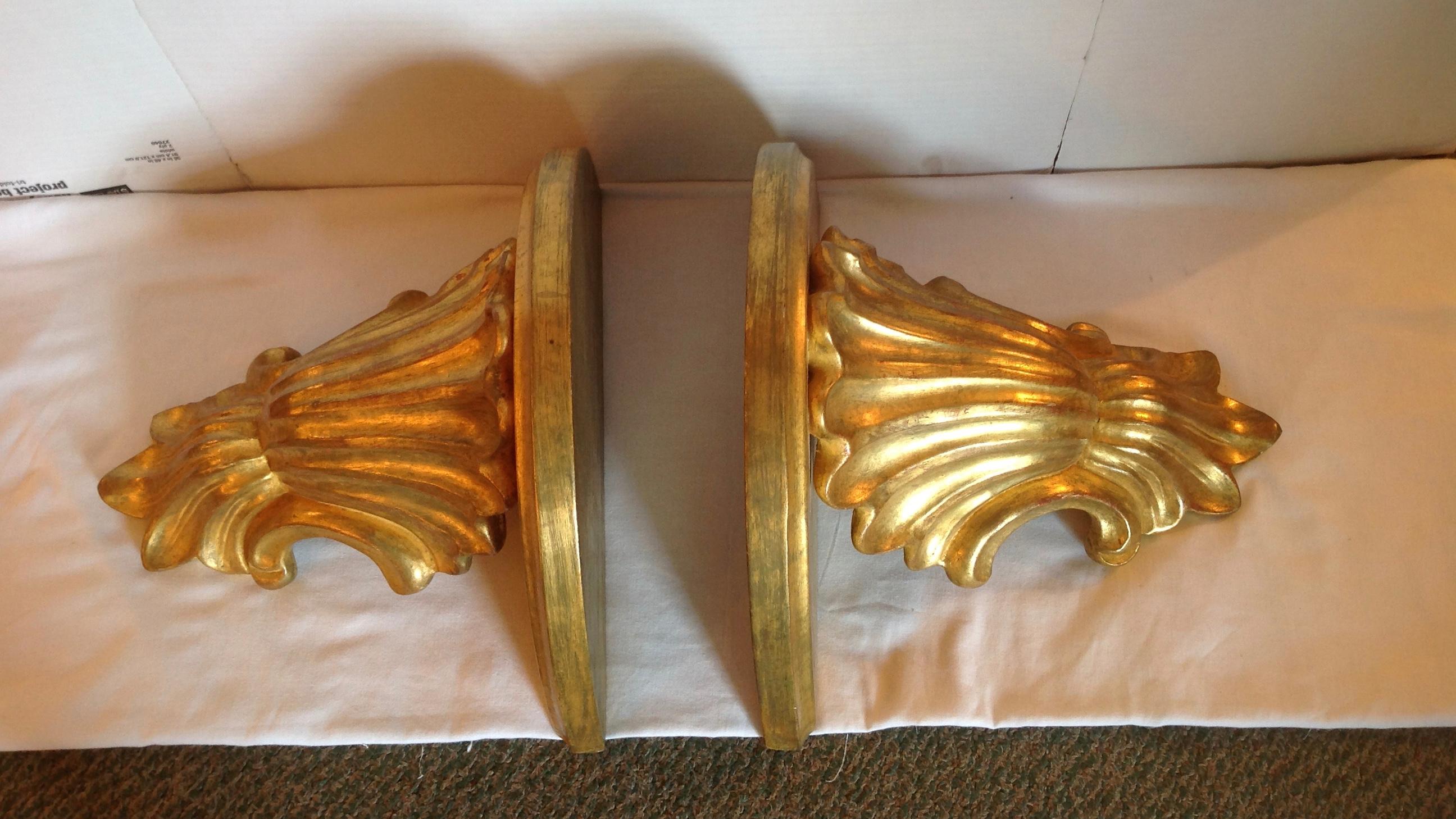 Giltwood Large Shell Form Wall Brackets, Pair