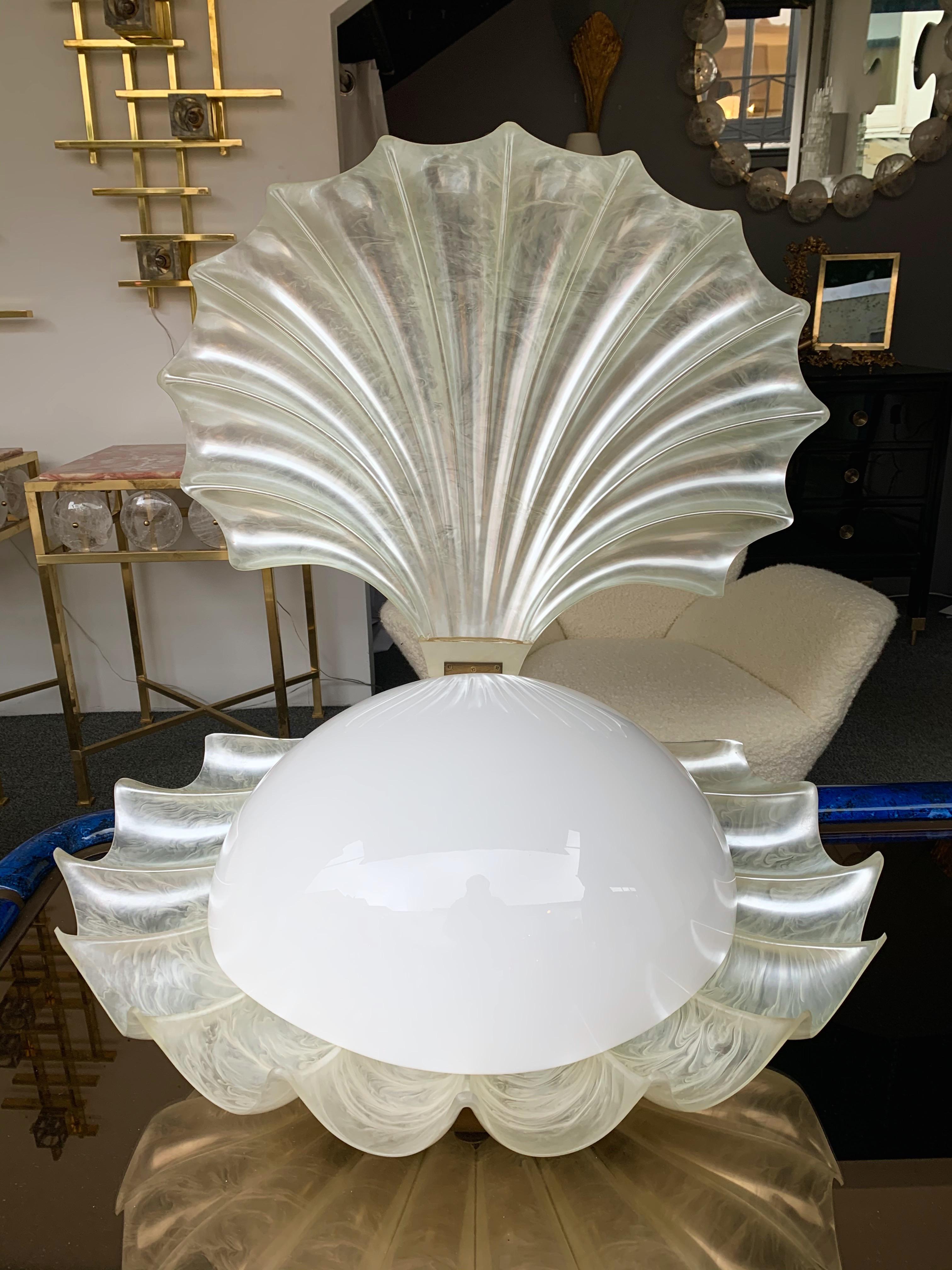 Large Shell Lamp Pearl Resin Brass by Maison Rougier, France, 1970s 1