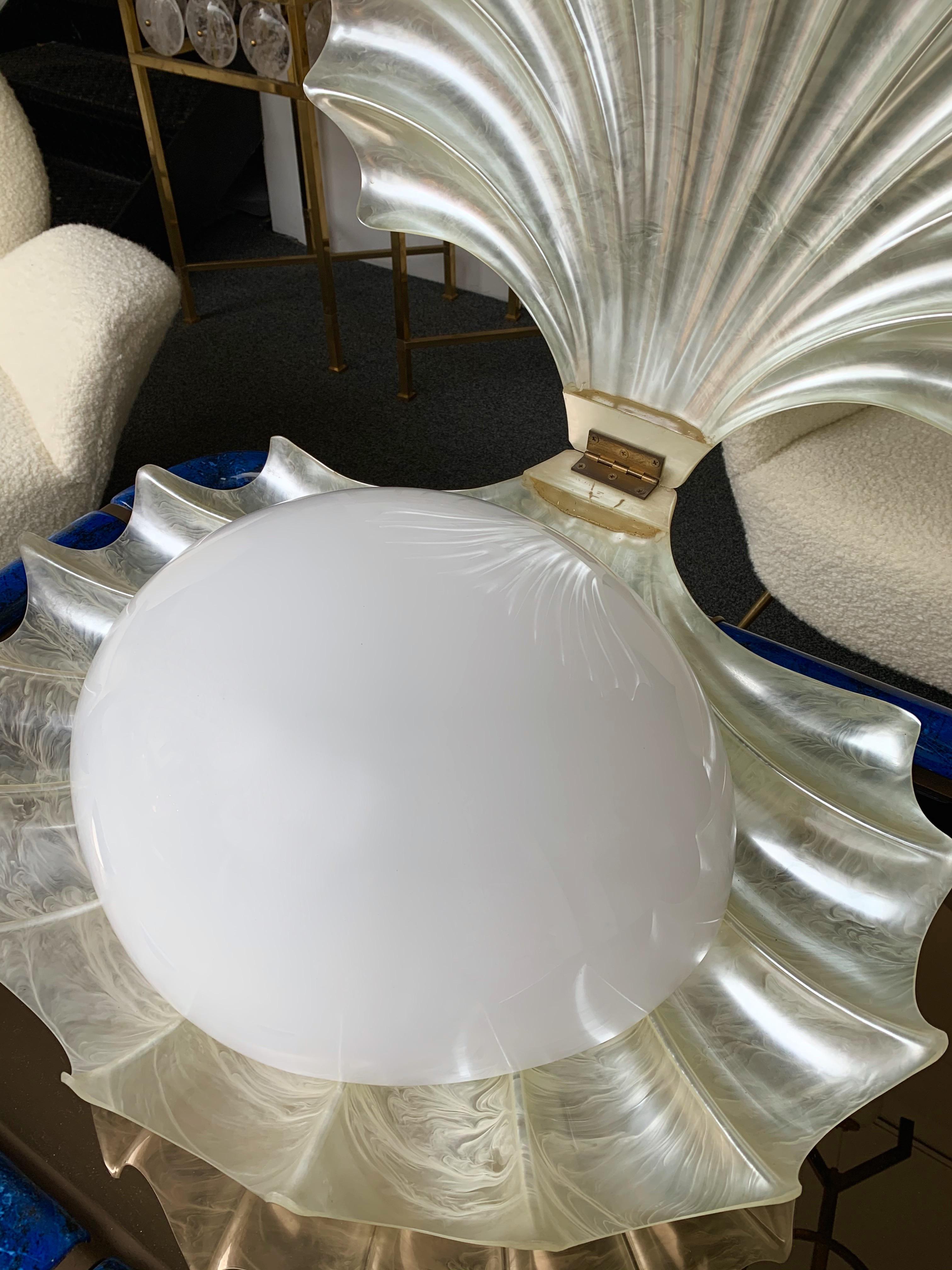 Large Shell Lamp Pearl Resin Brass by Maison Rougier, France, 1970s 2