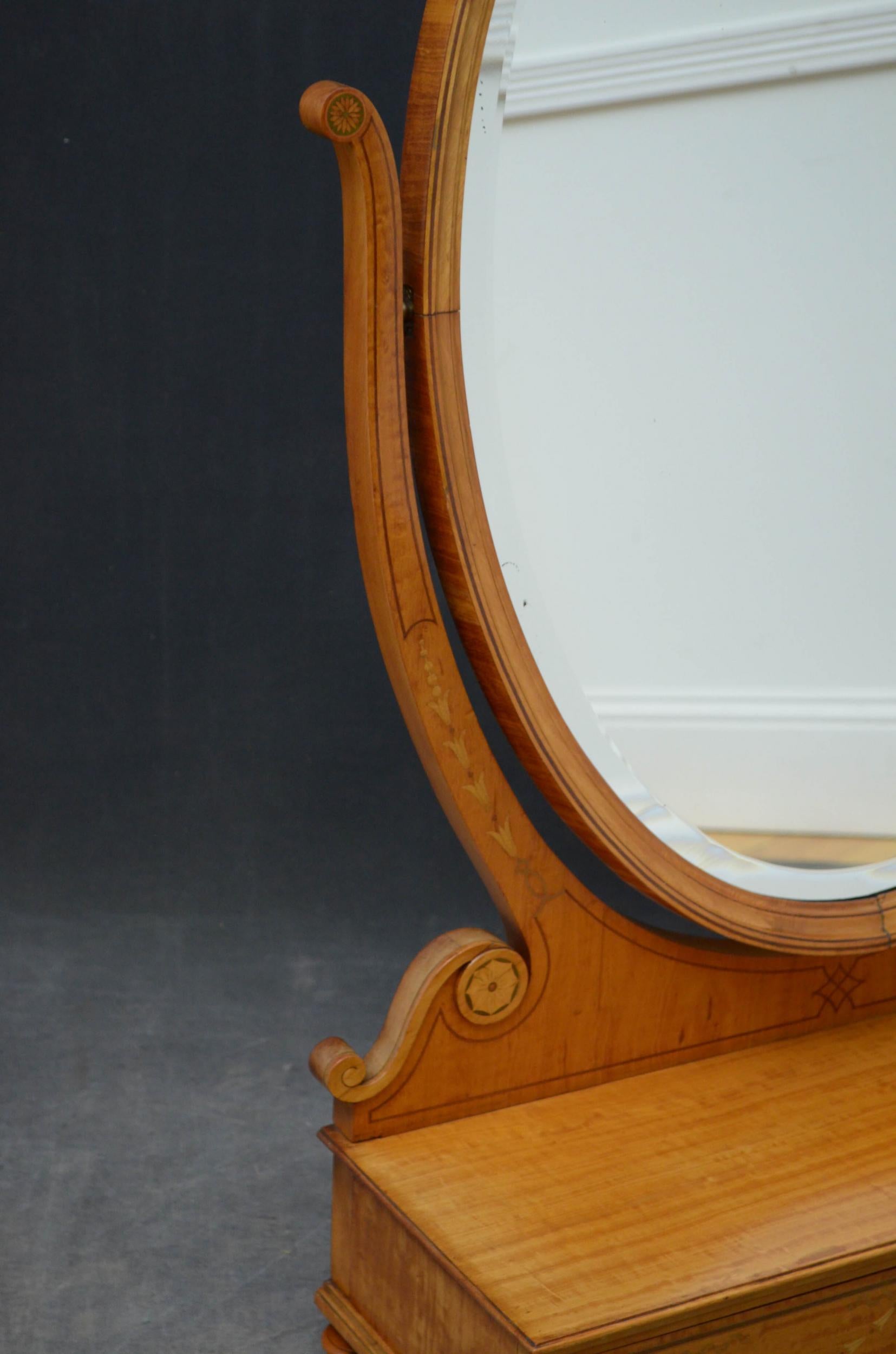 British Large Sheraton Style Satinwood Dressing Mirror For Sale