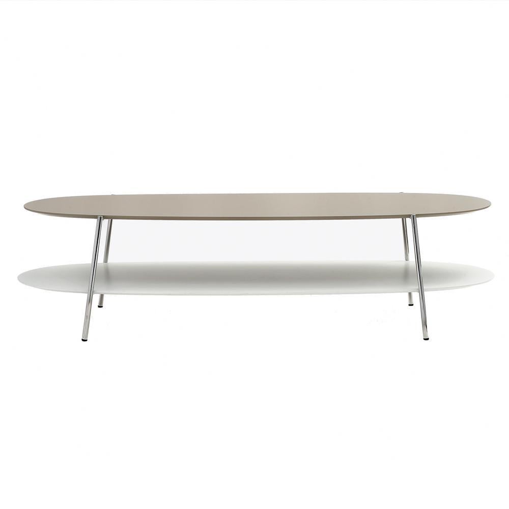 Large Shika coffee table by A+A Cooren
Materials: Double lacquered top on MDF. Upper top in beige or grey.
Dimensions: 
Upper Top: 140 x 55 cm
Lower Top: 143 x 59 cm
H: 36 cm
Also available upholstered in black lacquered metal, and top in white or