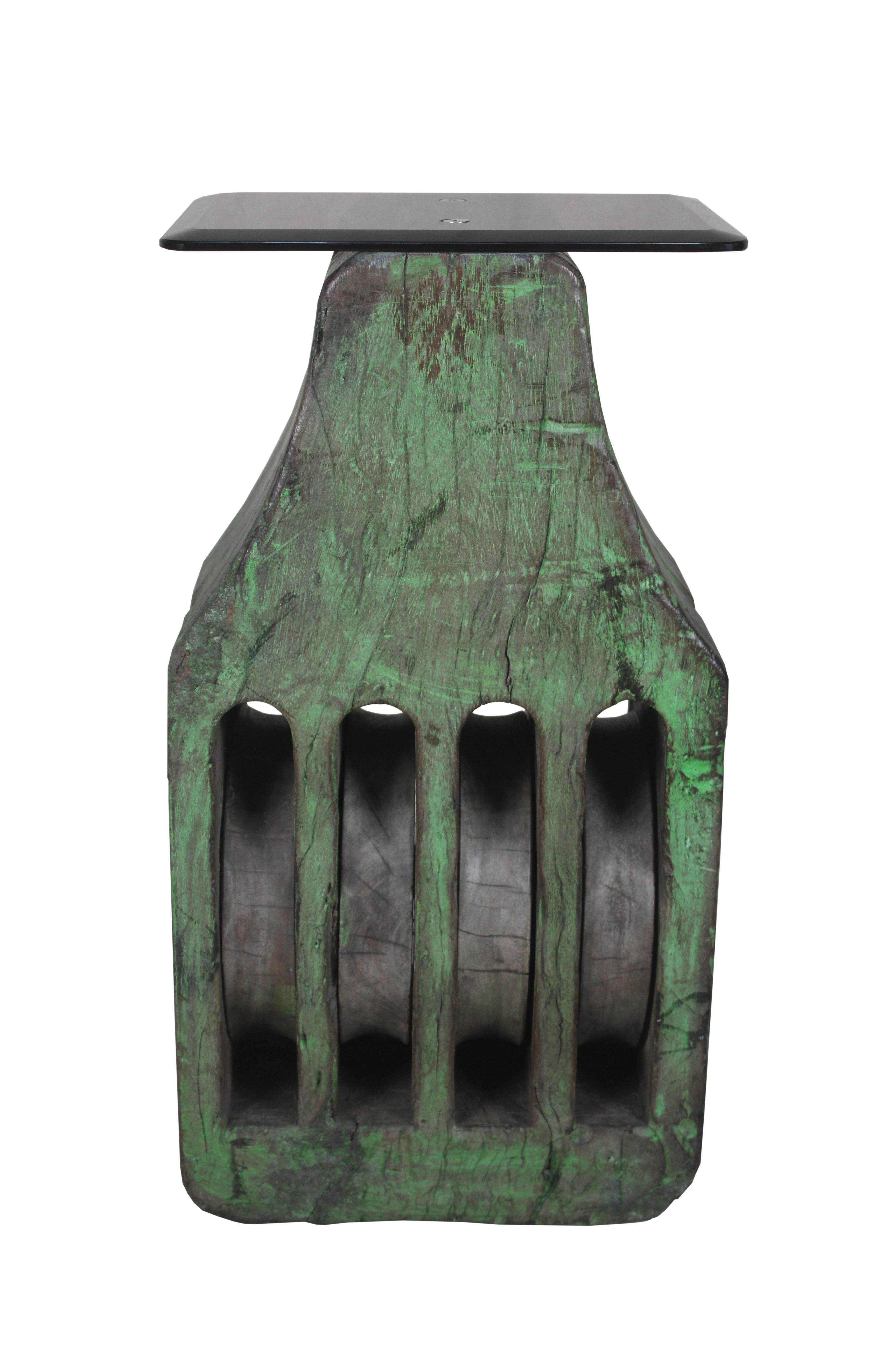 A very large nautical 4 pulley block used on a ship. Original green paint. Smoked glass top -- 9.5 x 13.5, is optional to provide a bit more surface space to use as a side table. Solid teak. Late 19th C.