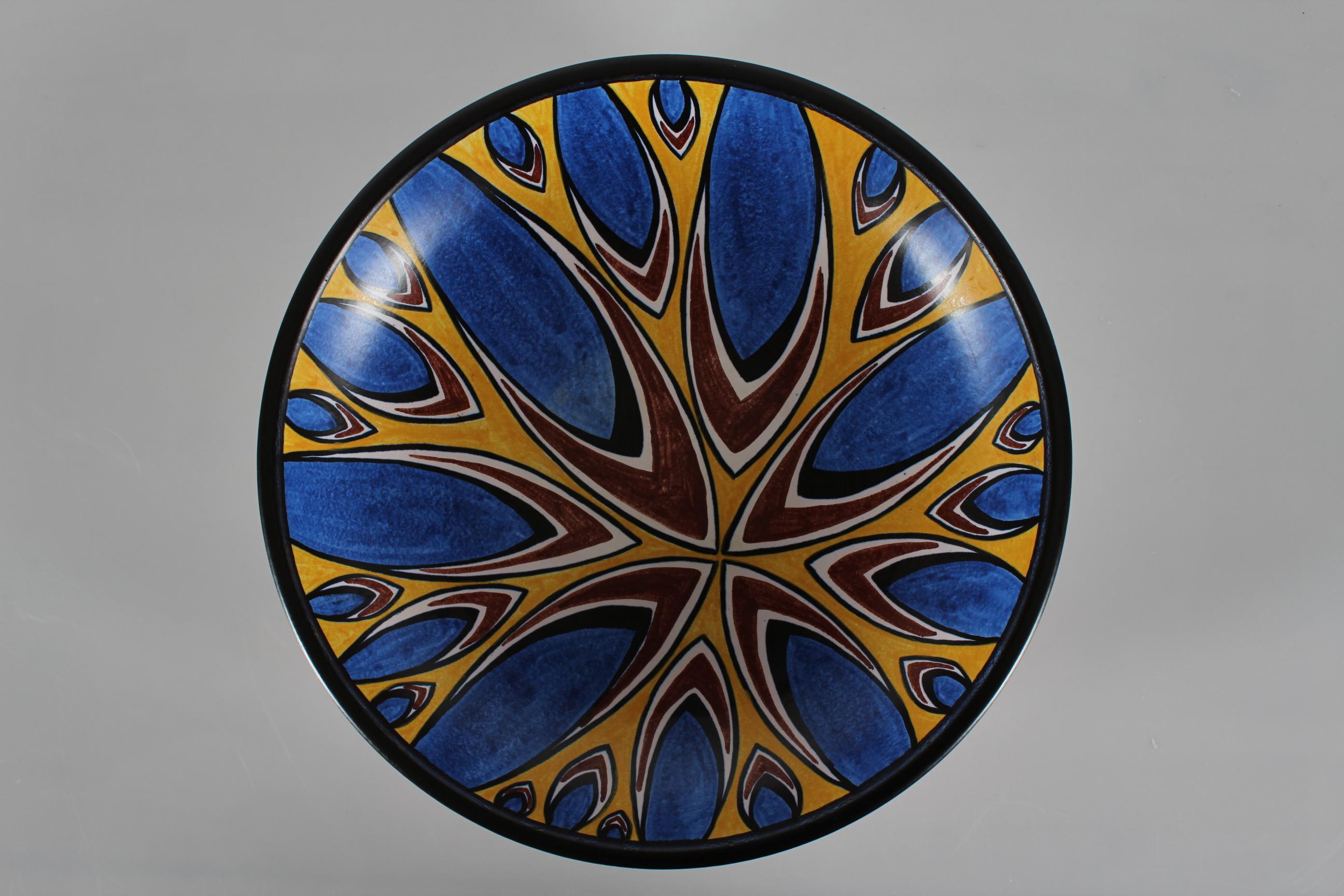 Glazed Large Søholm Ceramic Low Bowl with Graphic Pattern in Bright Colors, 1960s For Sale