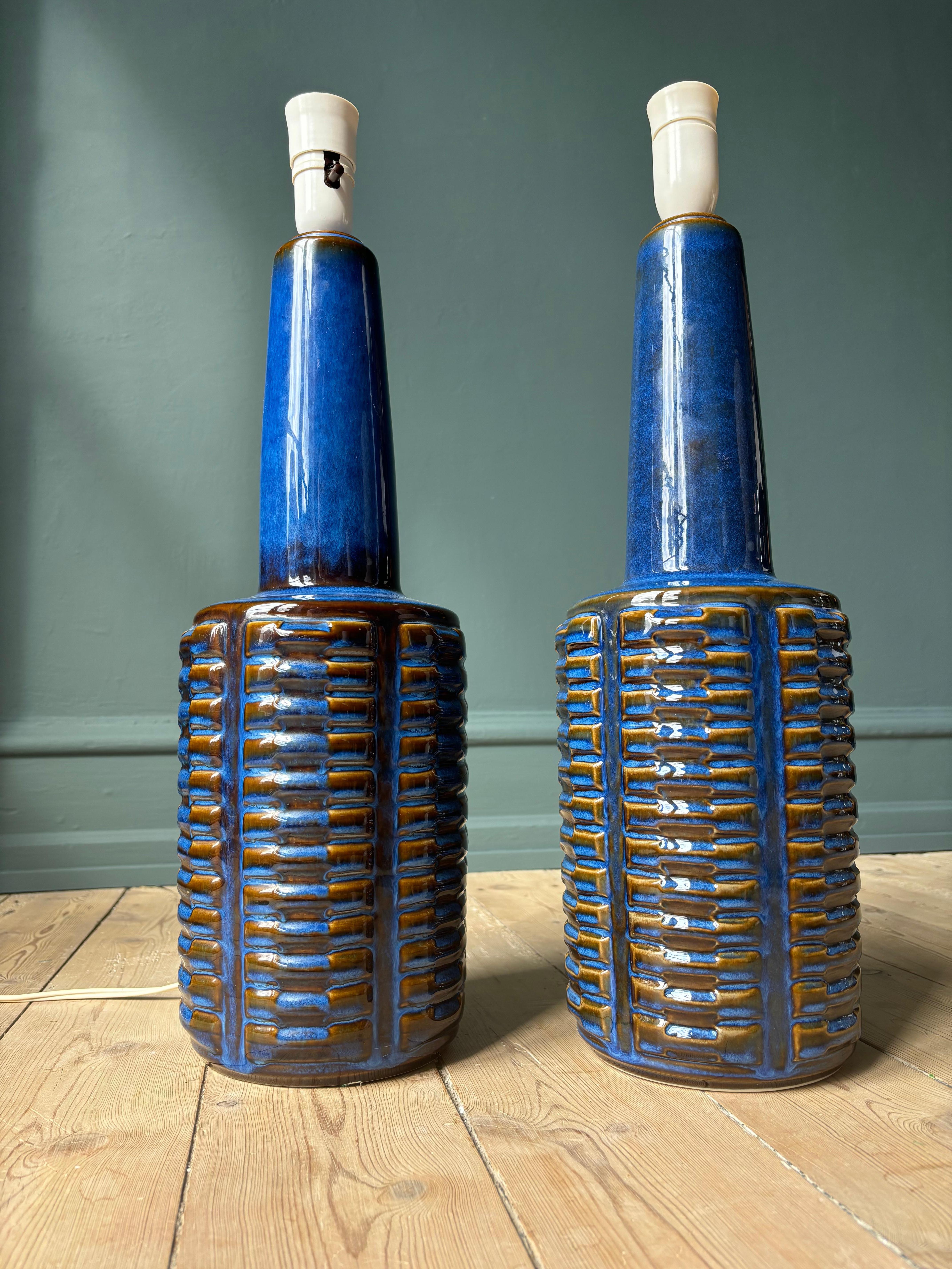 Danish Large Søholm Tall Blue Stoneware Lamp - Two Items For Sale
