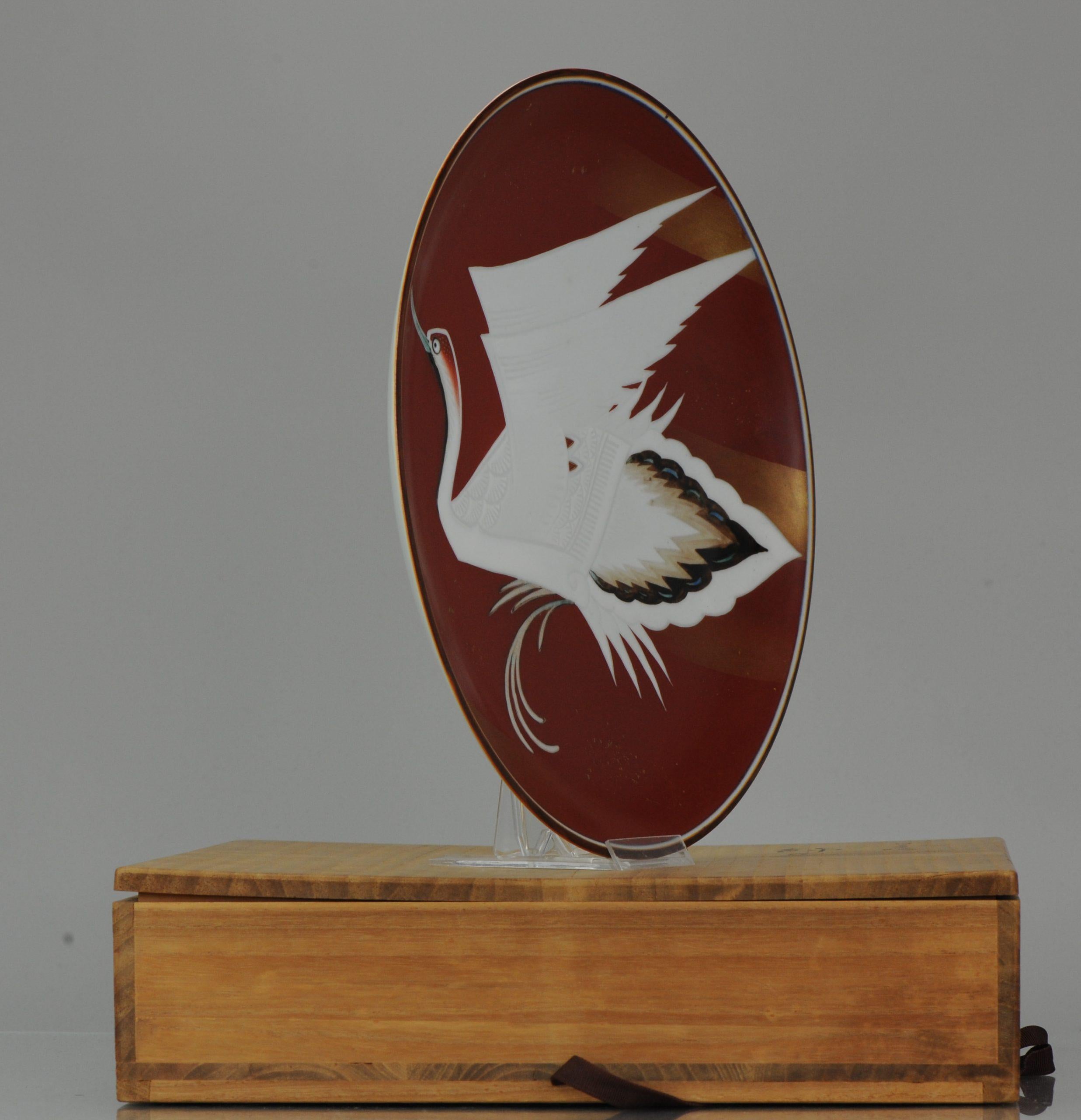 Large Showa Period Japanese 20th Century Porcelain Kutani Crane Bird Plate For Sale 13