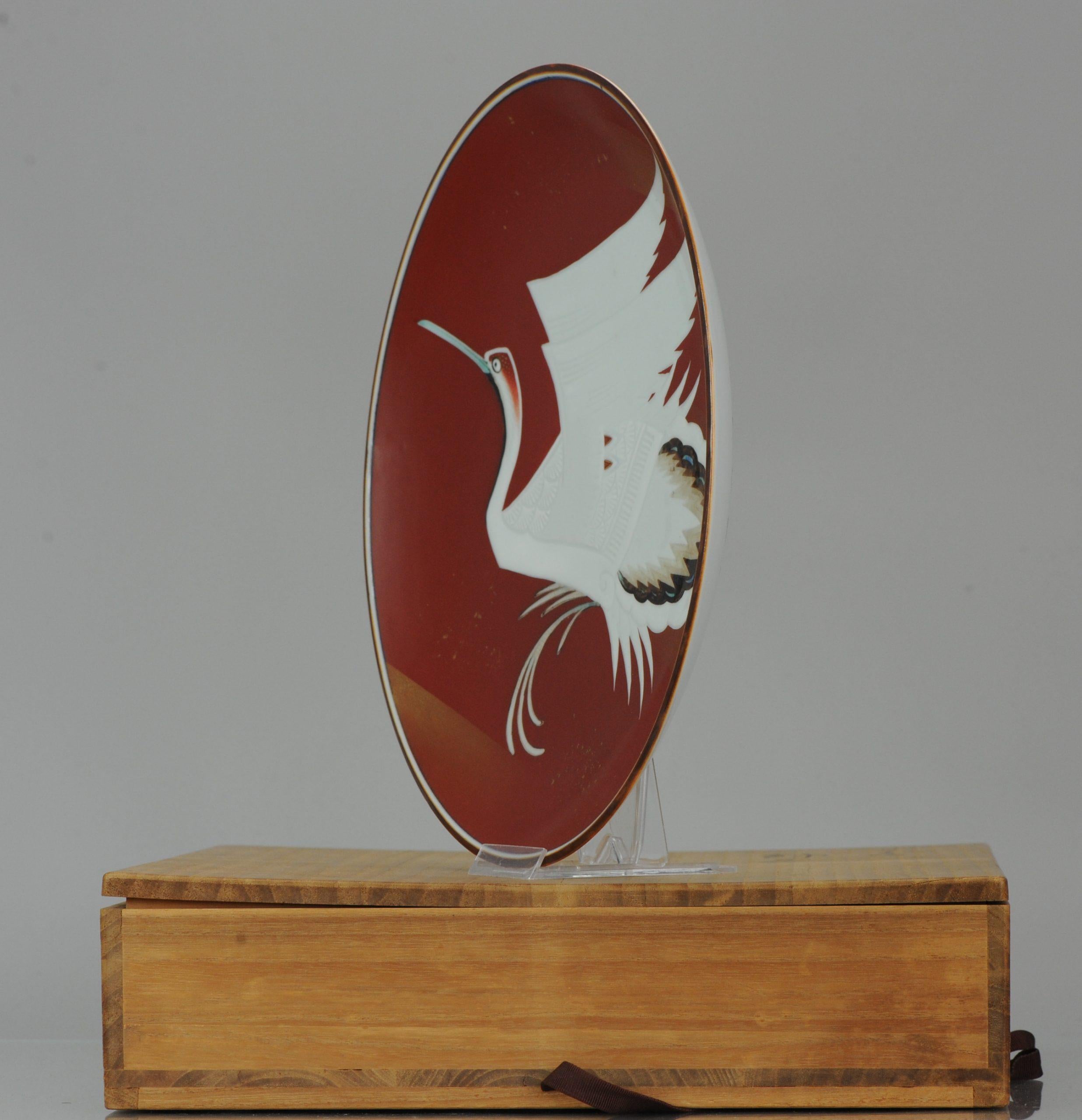 Large Showa Period Japanese 20th Century Porcelain Kutani Crane Bird Plate For Sale 3